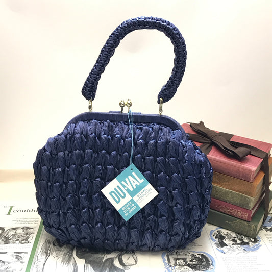 Vintage Duval Blue Raffia Top Handle Purse