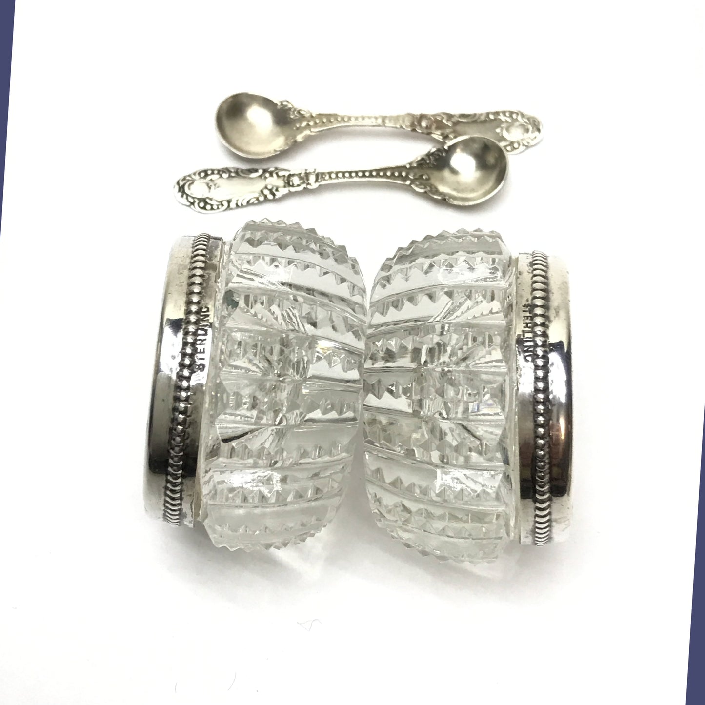 Pair of Open Glass Salt Cellars with Sterling Rims and Spoons