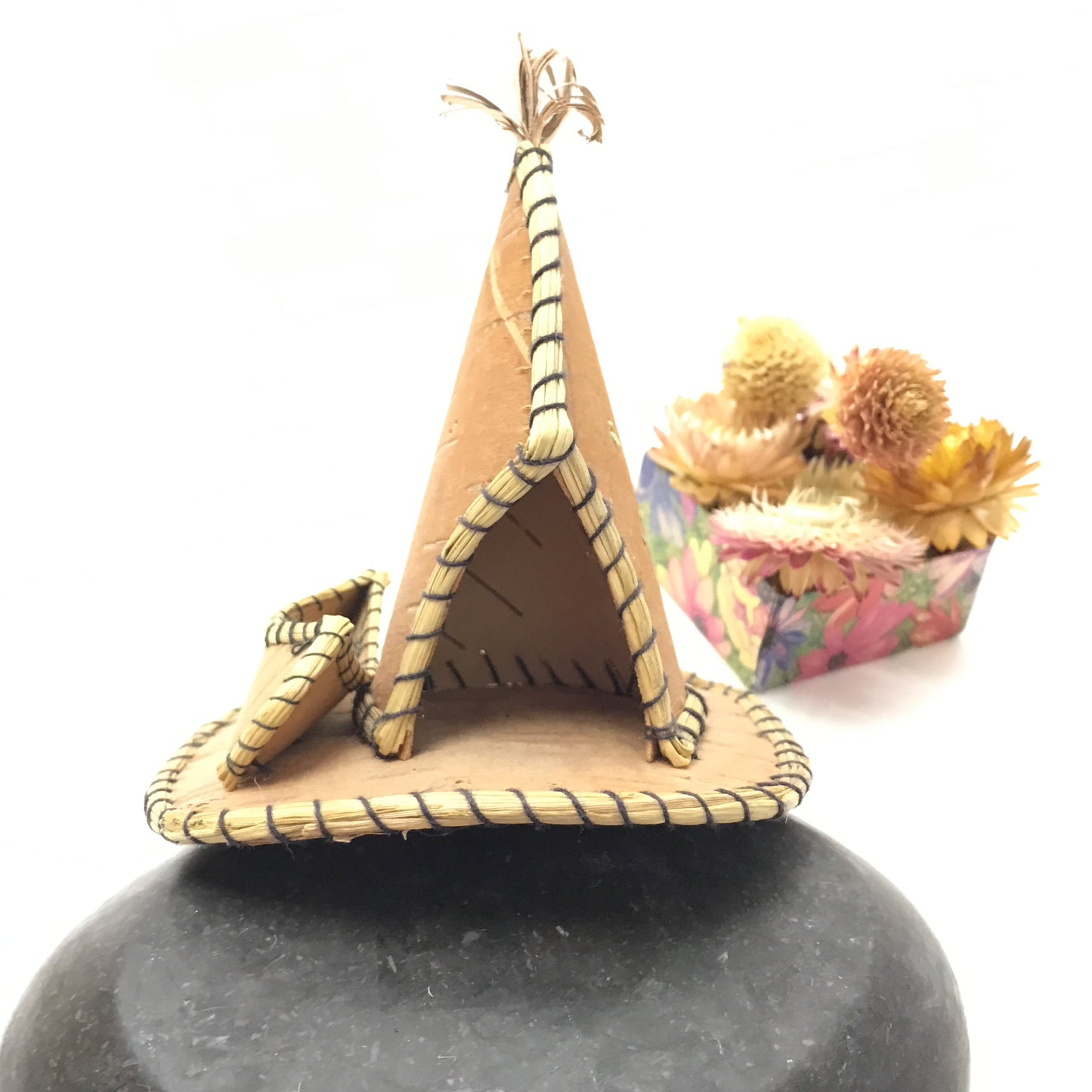 Trio of Birch Bark Campsite Dioramas, Handmade TiPi, Native Scene Sculptures