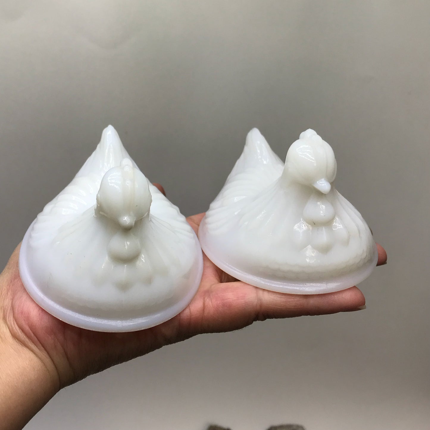 Pair of Small Milk Glass Hen-Shaped Dishes