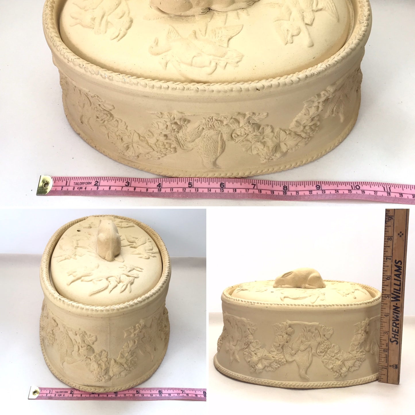 Caneware Hare Game Pie Dish with Rabbit Finial on Lid, Baking Tureen, Antique Casserole Dish