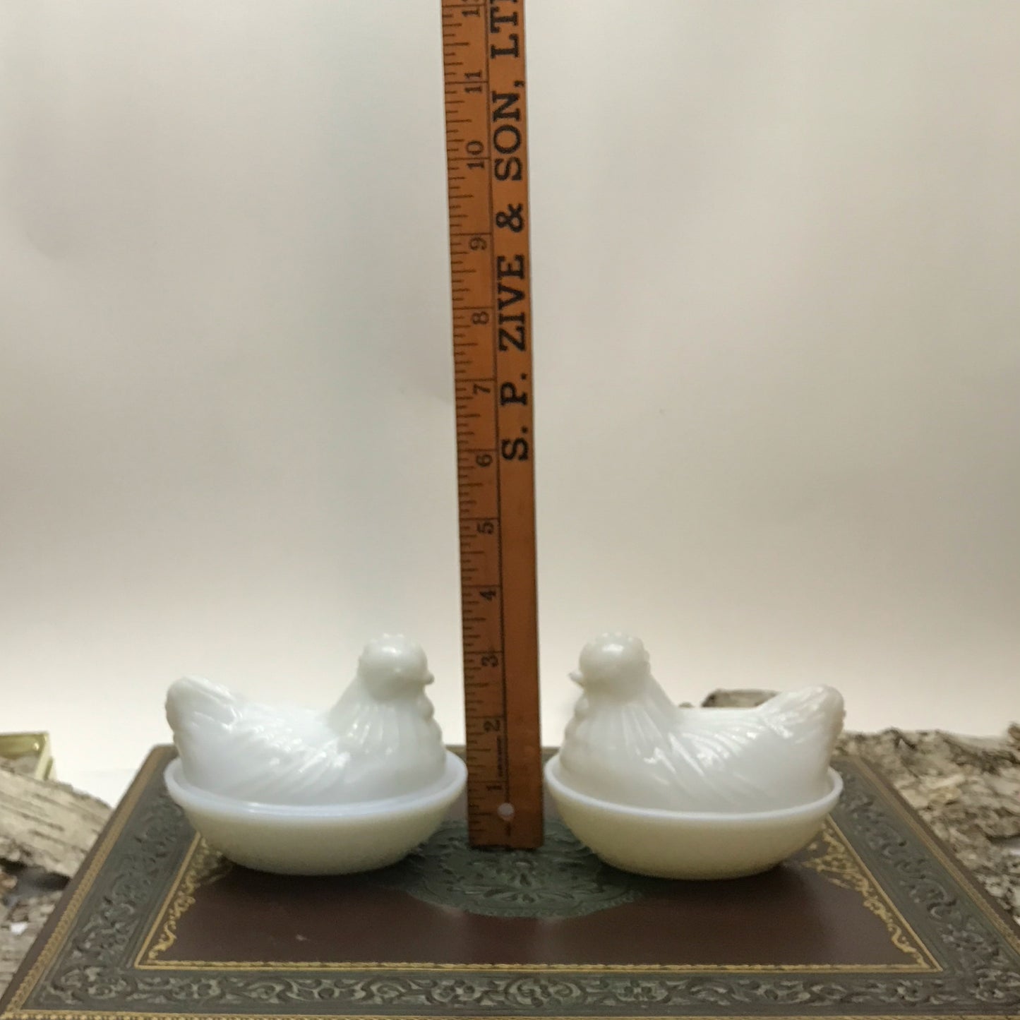 Pair of Small Milk Glass Hen-Shaped Dishes