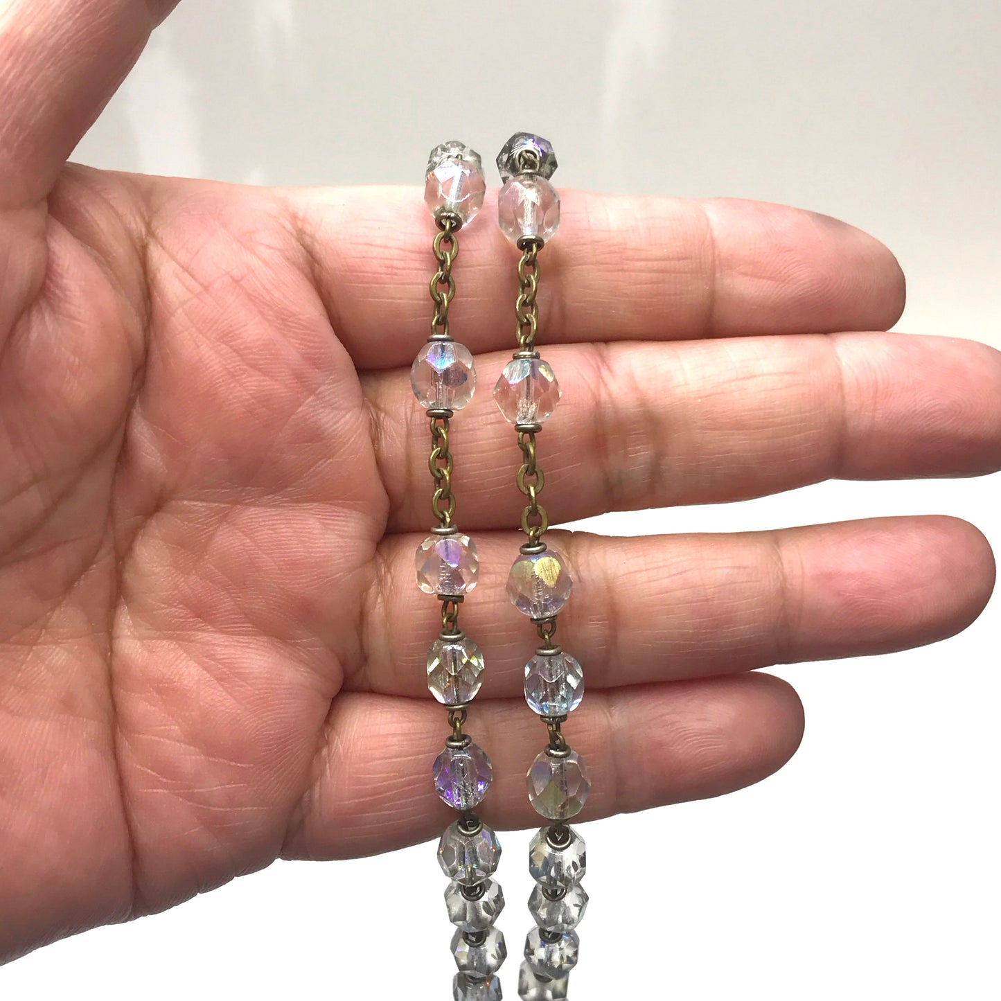 Vintage Iridescent Faceted Glass Rosary Beads on Brass Chain