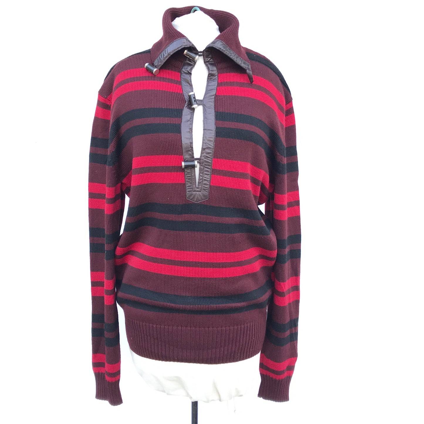 Maroon Striped Sweater with Toggle Buttonsand Leather Accents, Gucci Branded