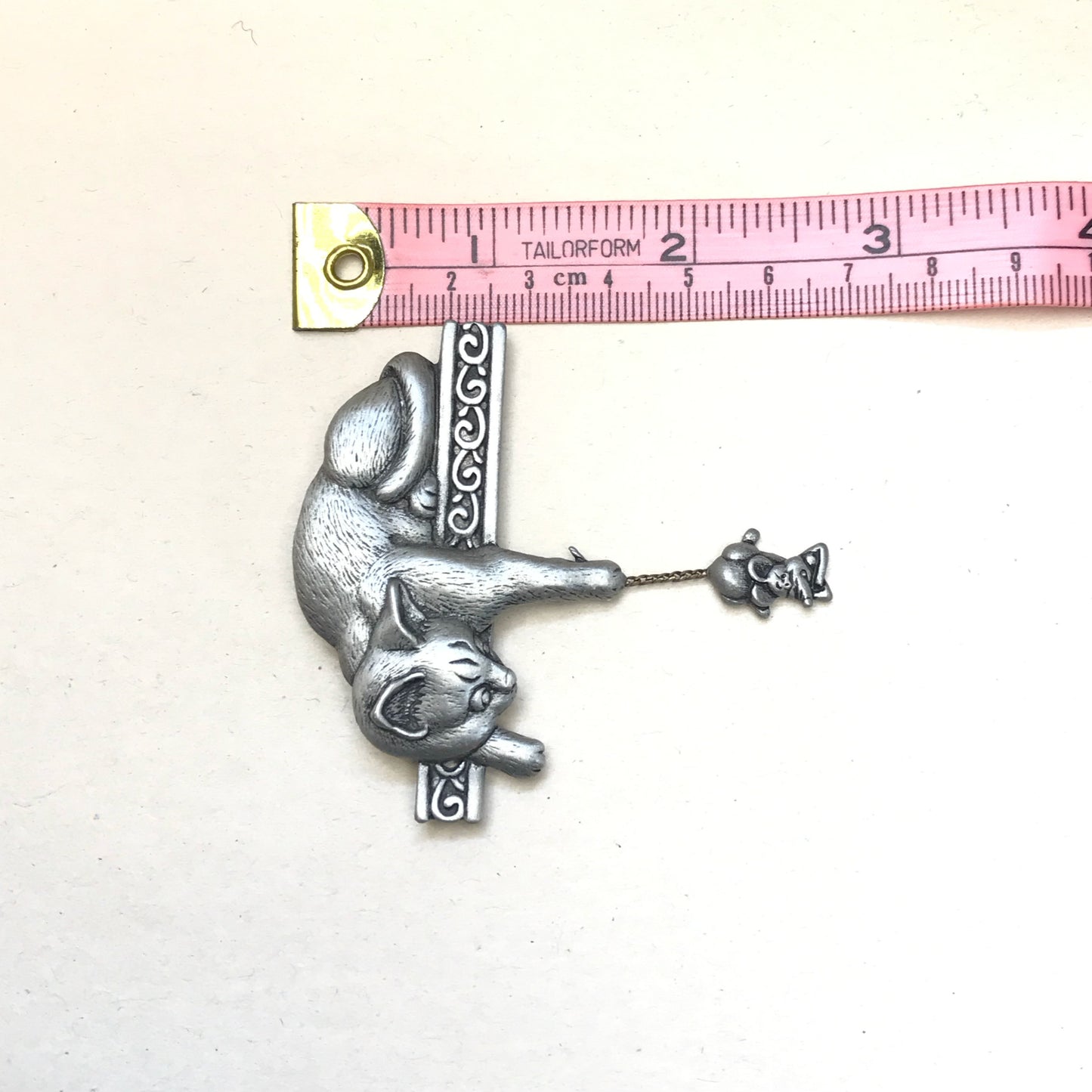 J.J. Pewter Cat and Dangling Mouse Brooch, Jonette Jewelry Company