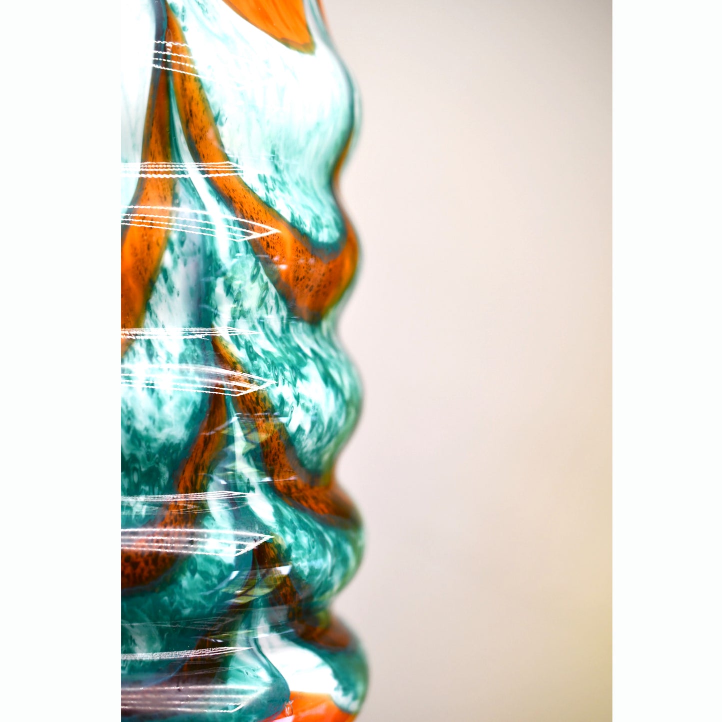 Hand Blown 9.5 inch Green and Orange Glass Vase