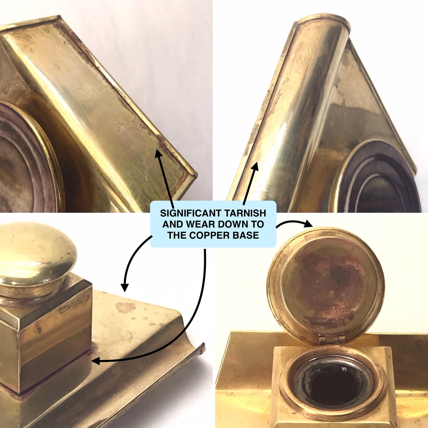 Vintage Brass Plated Copper Inkwell with Glass Liner, Military Style Fountain Pen Inkwell, SIGNIFICANT WEAR and DISTRESS