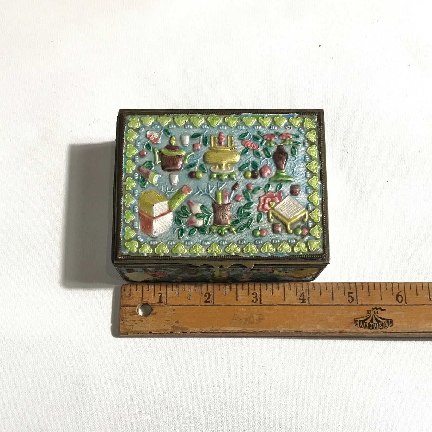 Chinese Enamel Cigarette Box with Wooden Lining, Trinket Box, Desk Decor, Stamp Box