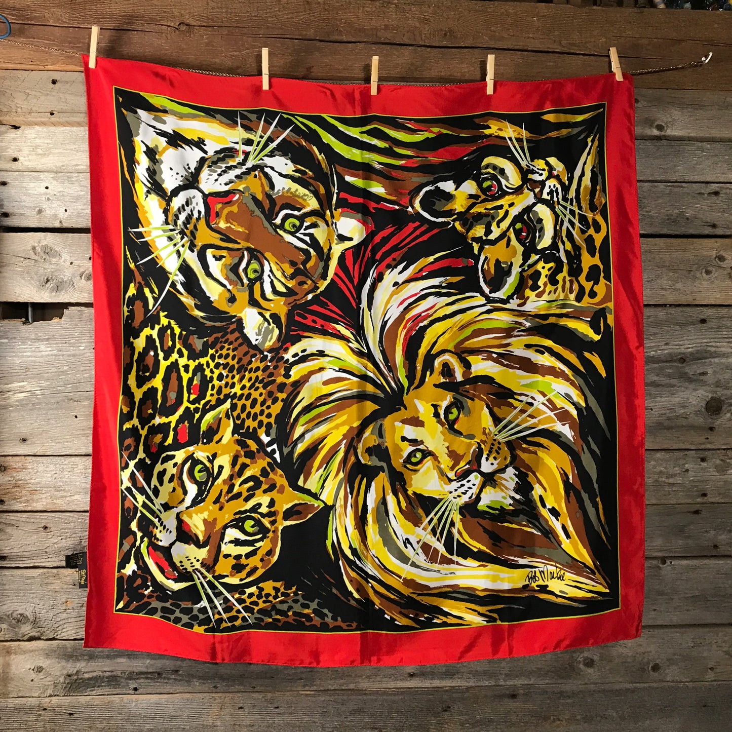 BOB MACKIE Wild Cat Silk Scarf, Large Scarf with Heads of Lion, Tiger, Leopard, & Cheetah (SOLD)