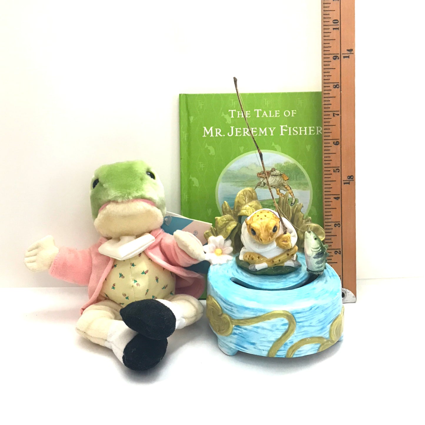 Jeremy Fisher Gift Lot, Music Box (Repaired), Plush Toy, and Storybook