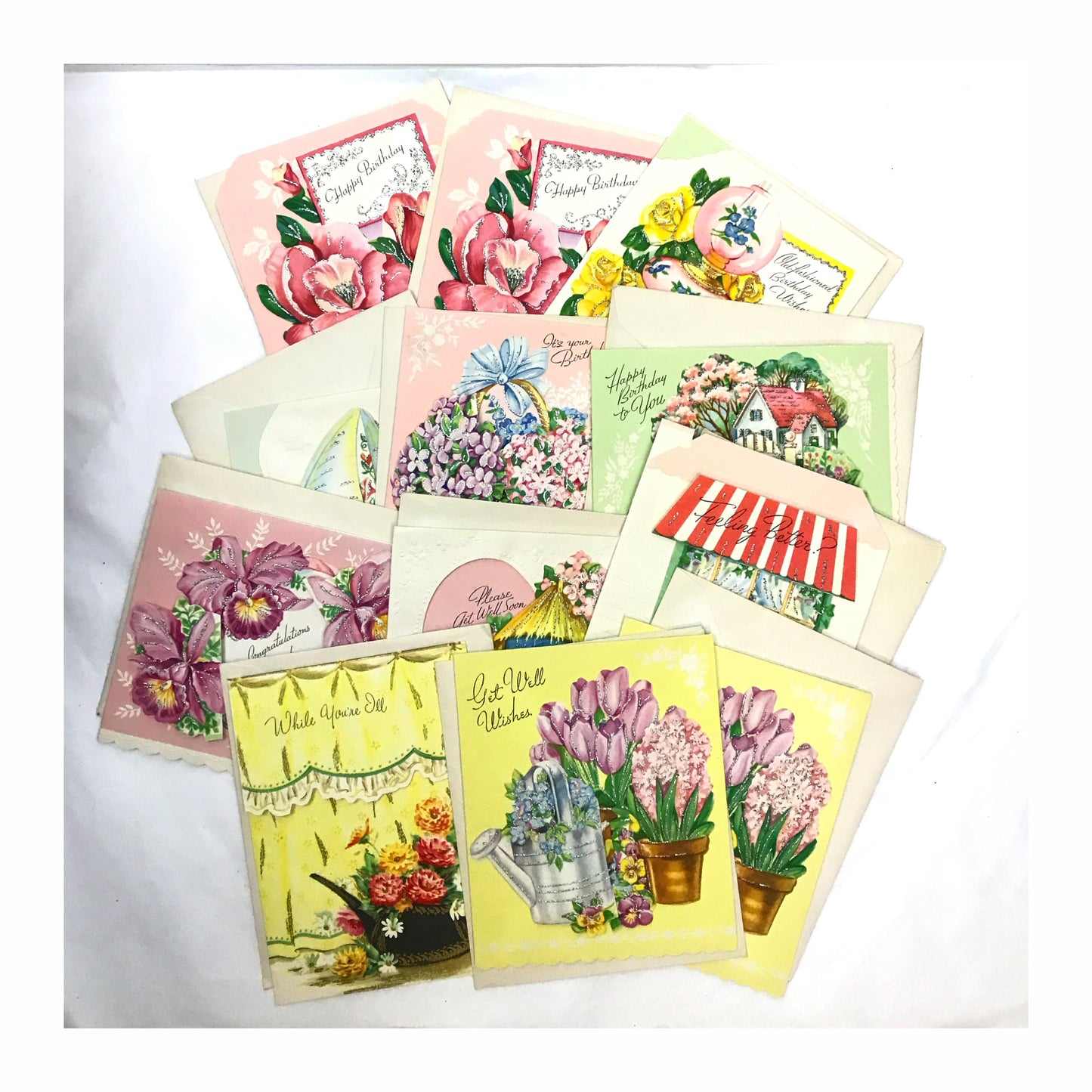 Lot of 12 Vintage Die Cut Greeting Cards, 6 Birthday, 5 Get Well, 1 Congratulations, Minor Signs of Age From Storage