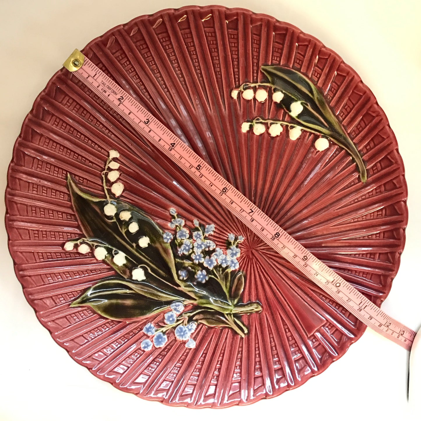 German Majolica Lily of the Valley Plate, Maroon, 11.5 inch Round Platter