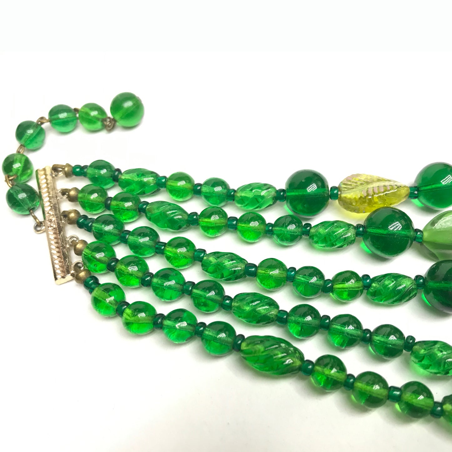 Vintage Green Glass Beads with Leaf Patterns, 5 Strands