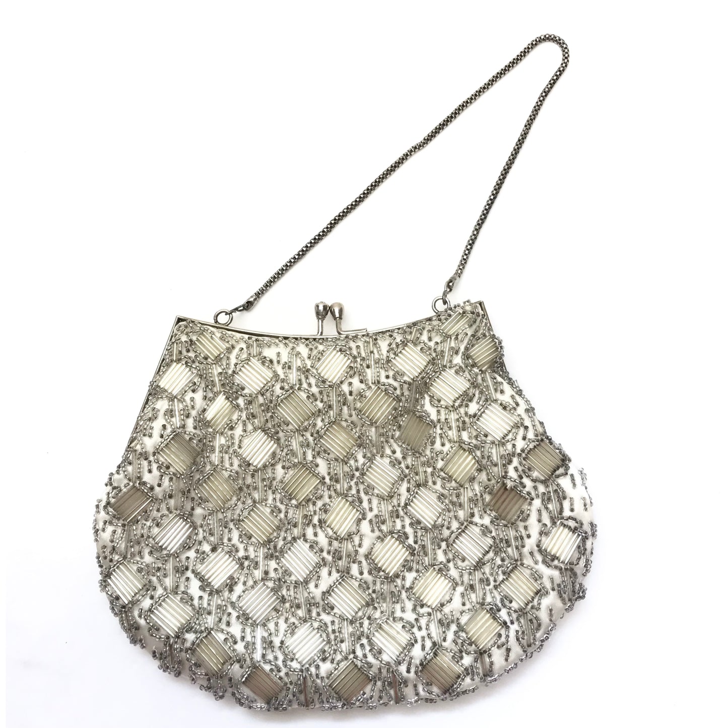 Vintage Beaded Purse with Geometric Design, Silver and Clear Beads, Silver Hardware, Evening Bag