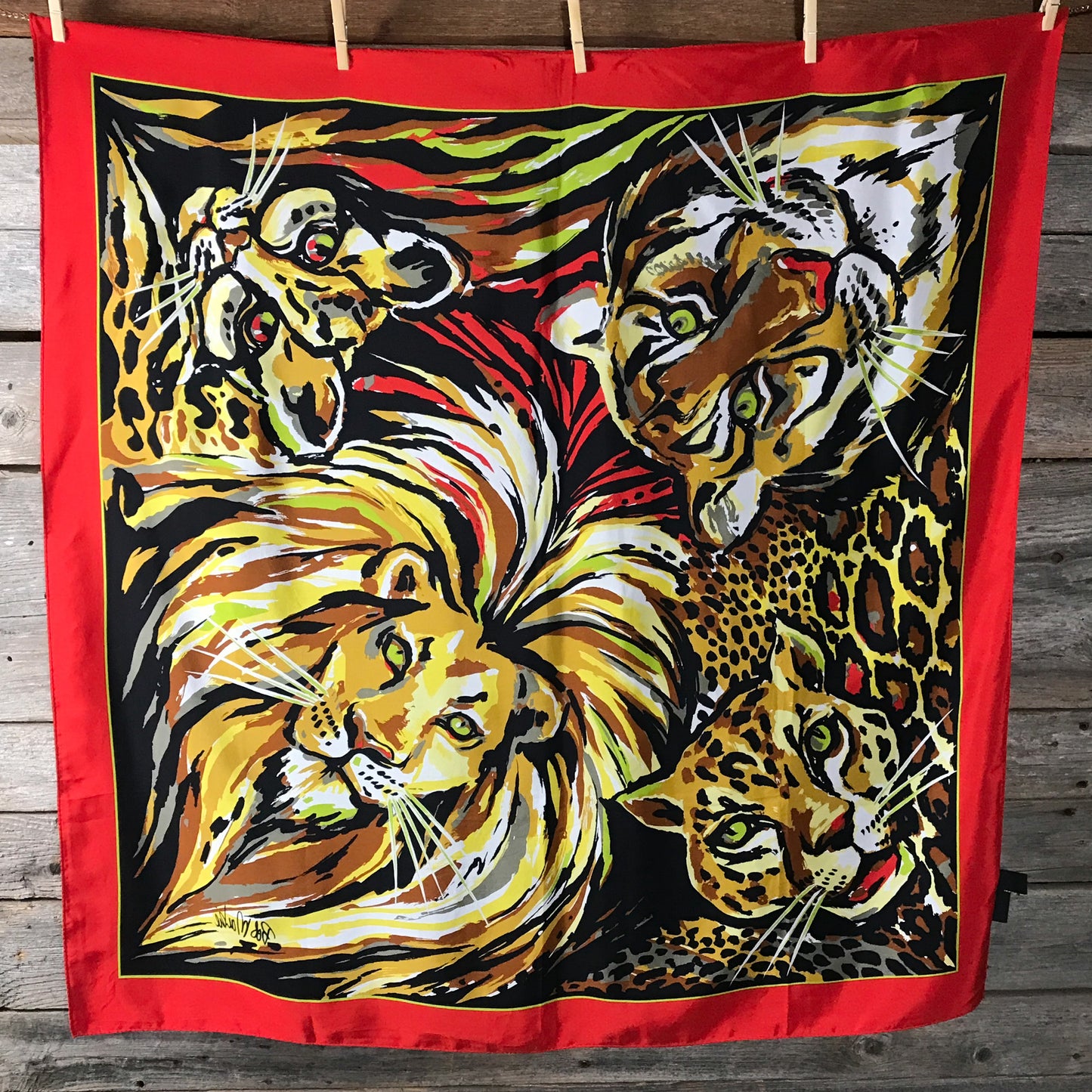 BOB MACKIE Wild Cat Silk Scarf, Large Scarf with Heads of Lion, Tiger, Leopard, & Cheetah (SOLD)