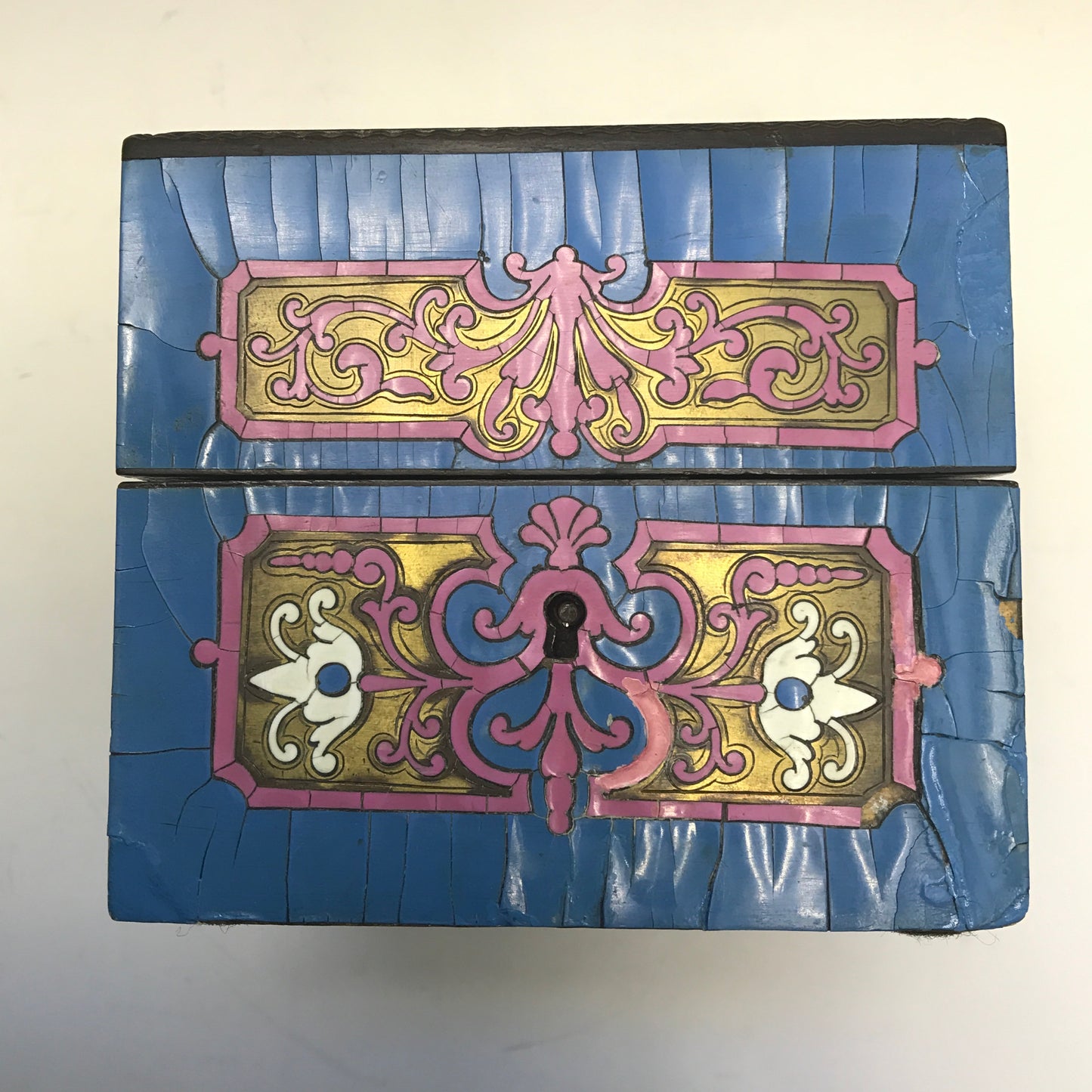 Antique Enamel Tea Box, Chippy Paint, Brass Inlay, and Small Old Repairs, 19th Century