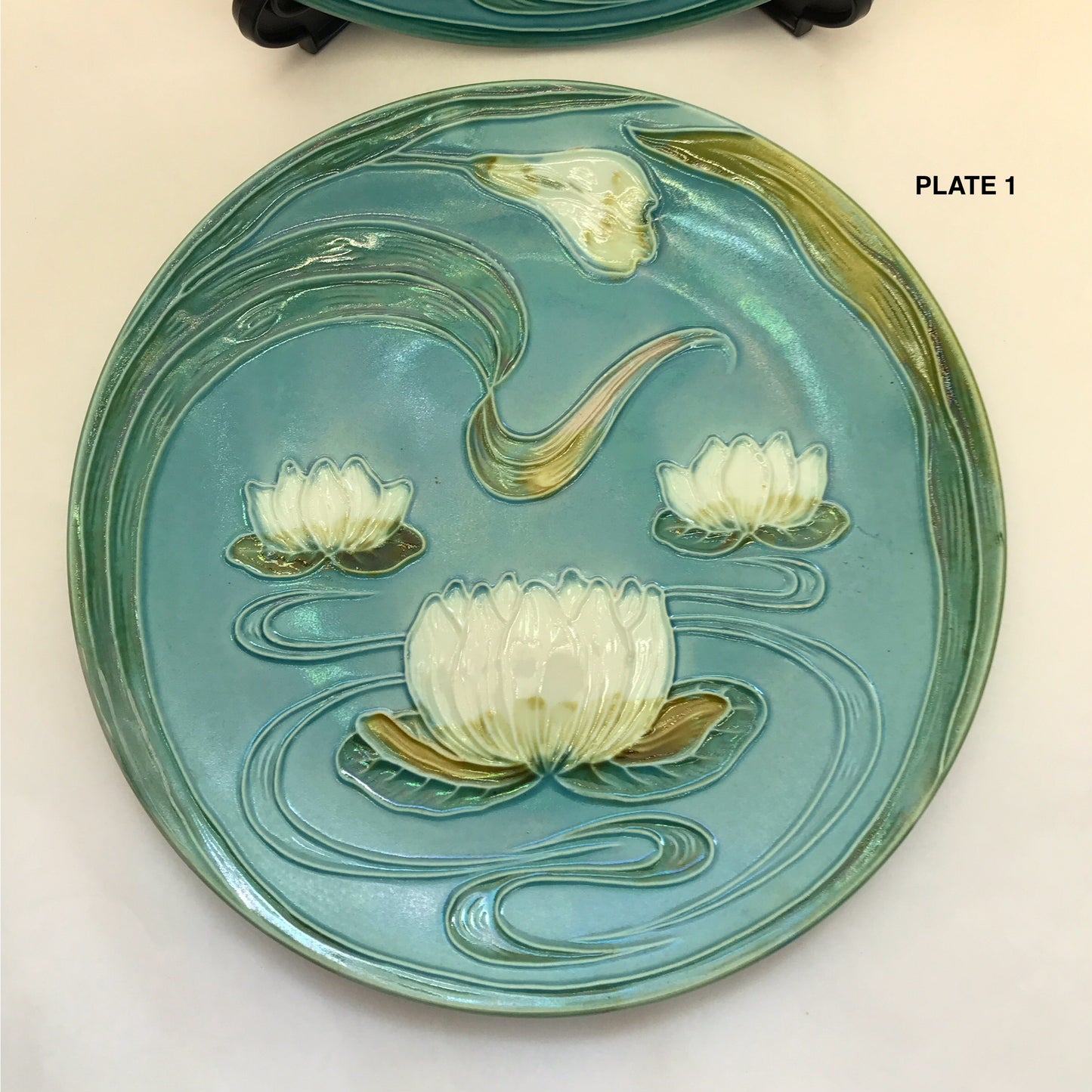 2 Majolica Waterlily Plates RESTORED, Baden Ceramics, Aqua and Green Wall Plate Decor