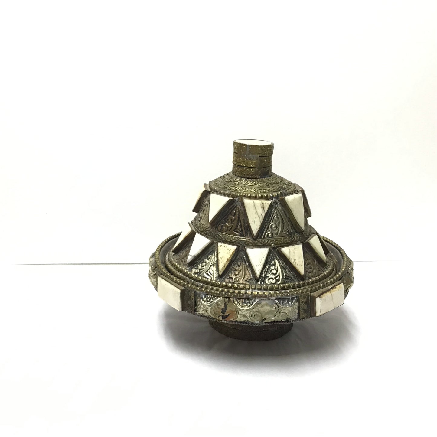 Mini Tajine Condiment Dish with Hammered Metal and Bone Accents, Ornate Lidded Terracotta Dish, Moroccan Trinket Dish