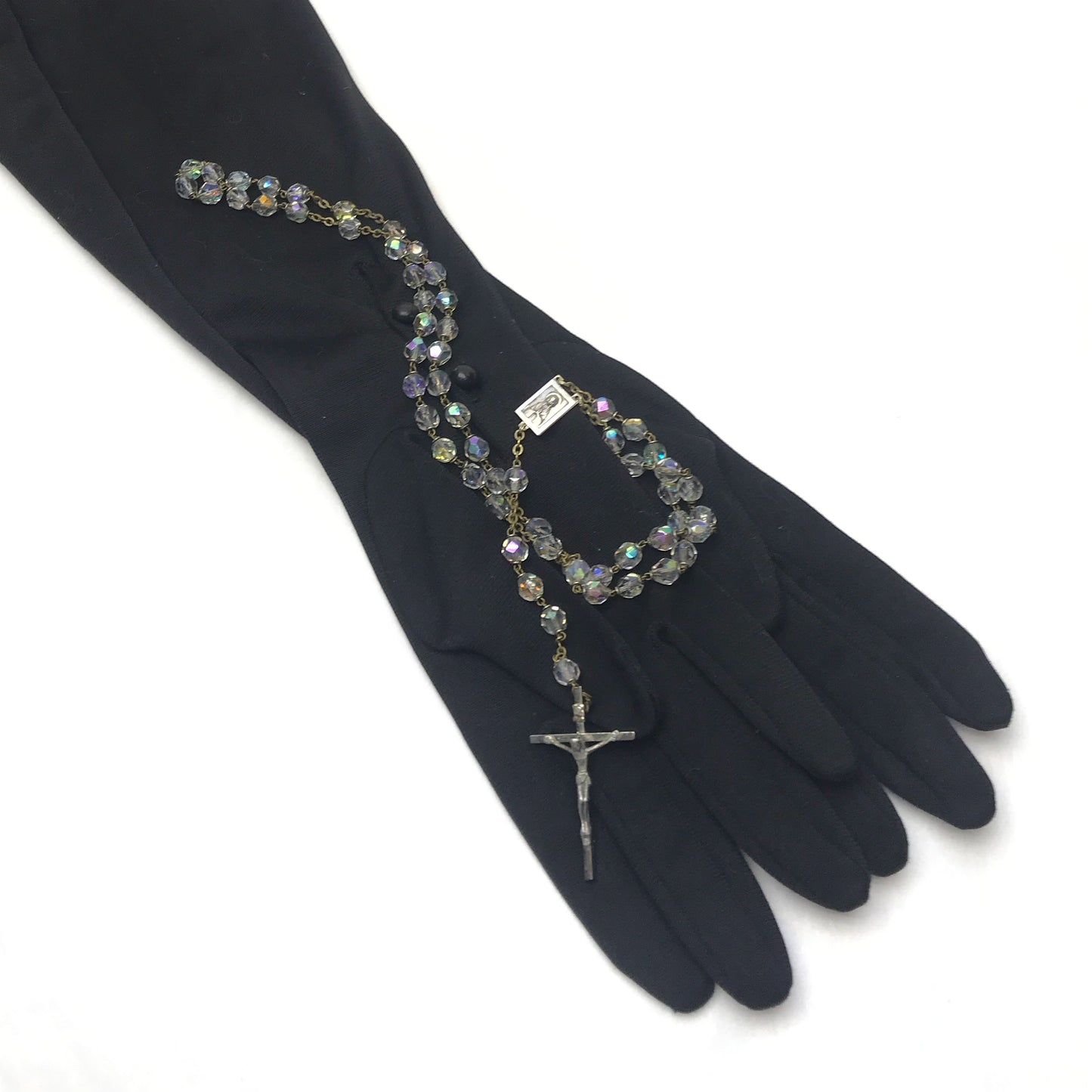 Vintage Iridescent Faceted Glass Rosary Beads on Brass Chain