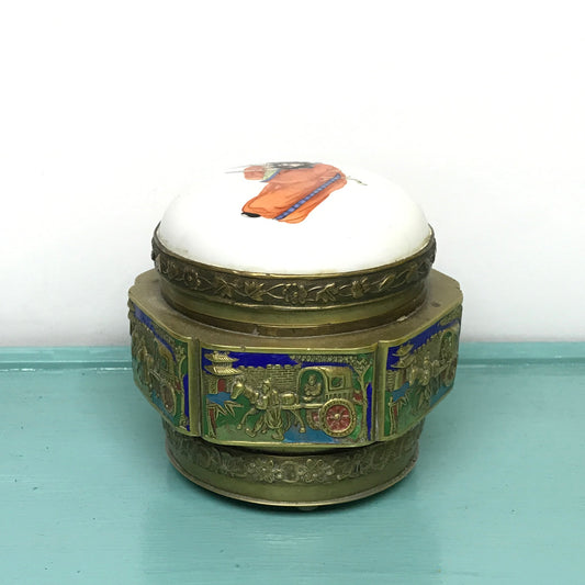 Brass Footed Jar with Hand Painted Porcelain Lid