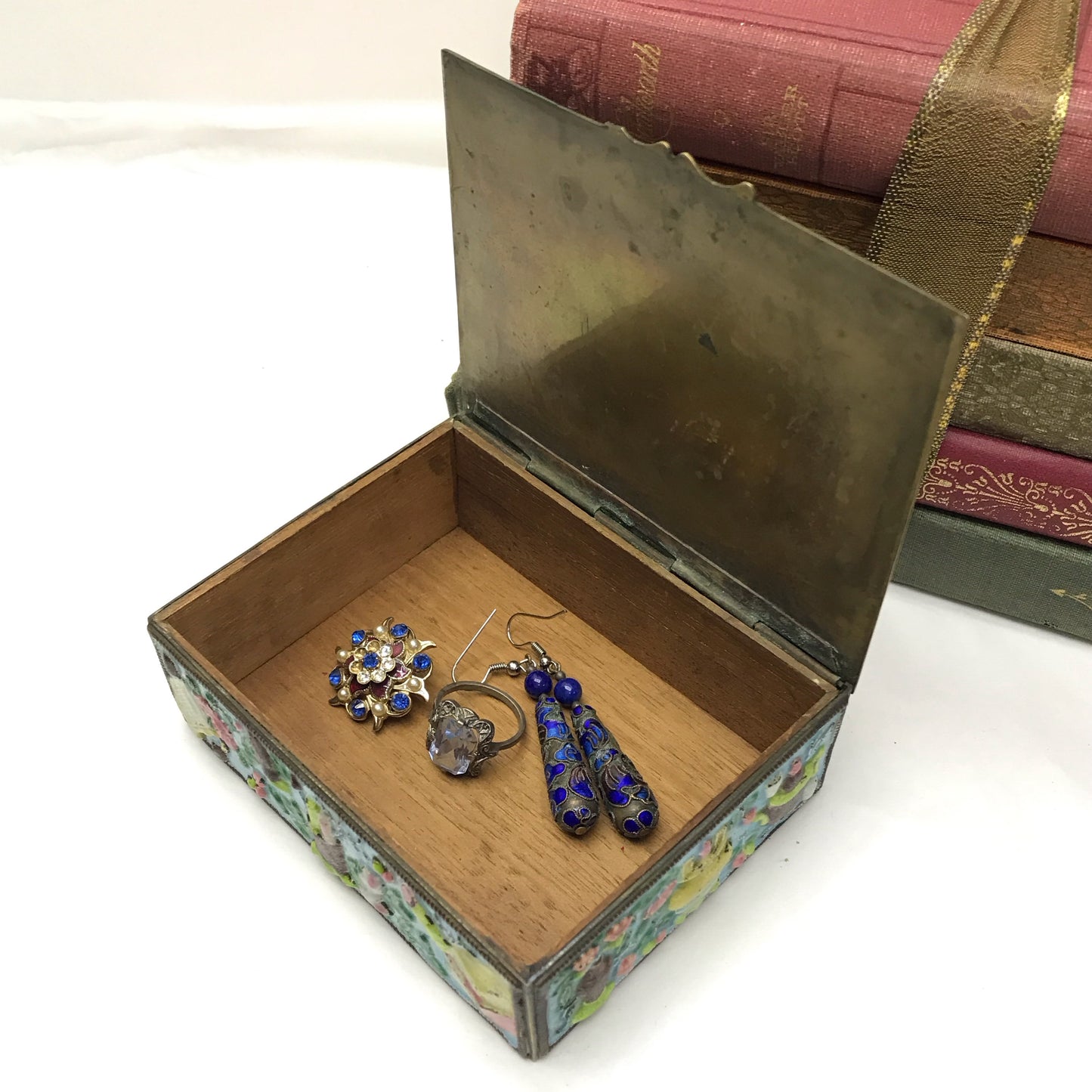 Chinese Enamel Cigarette Box with Wooden Lining, Trinket Box, Desk Decor, Stamp Box