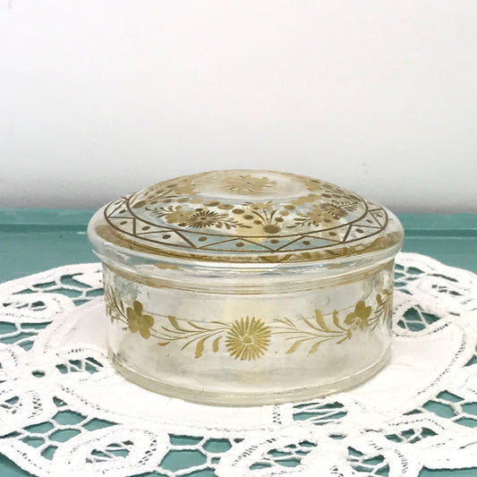 Clear Glass Trinket Box or Powder Jar with Inset Gold Floral Accents, Vintage Jewellery Box