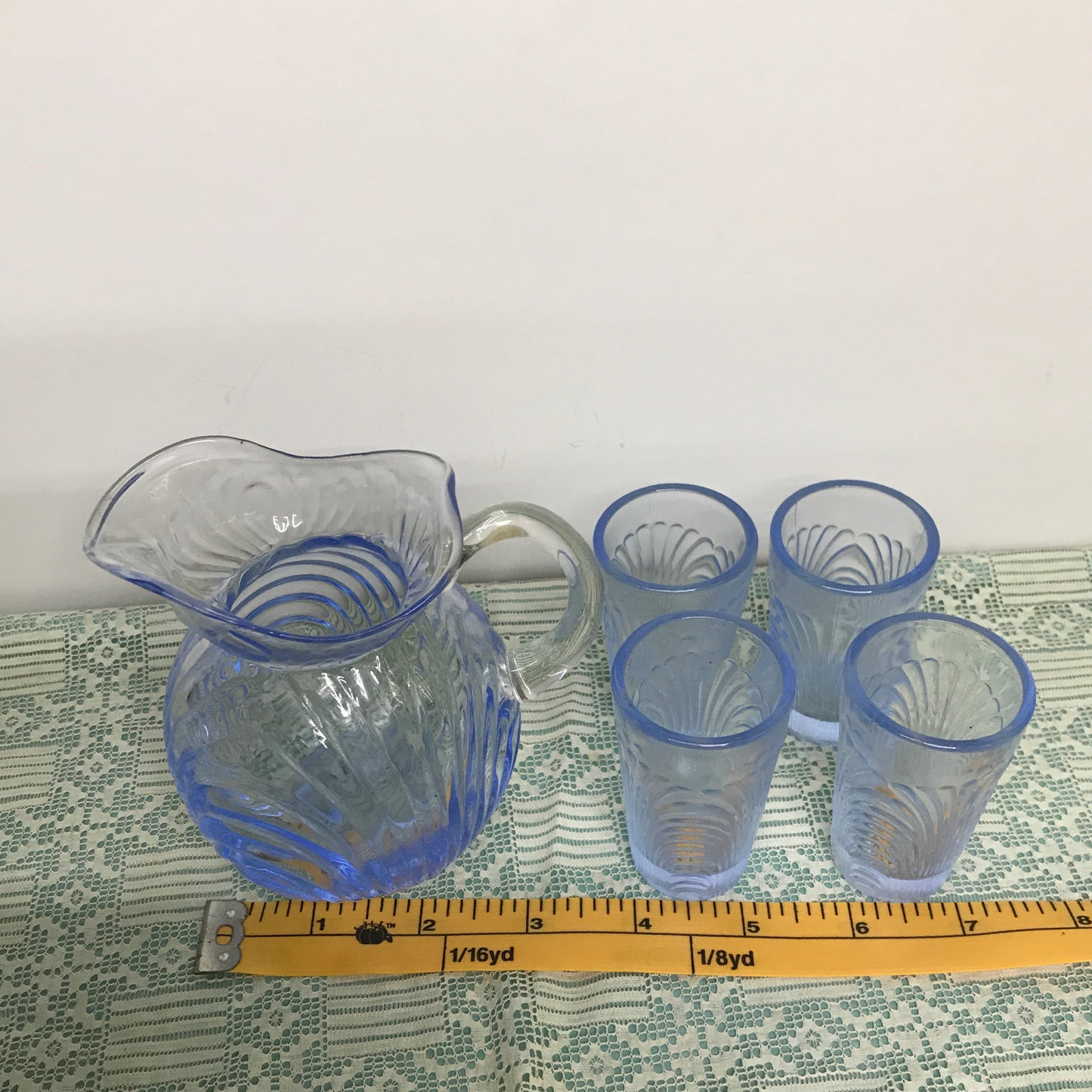 Miniature Periwinkle Blue Glass Pitcher and Glasses