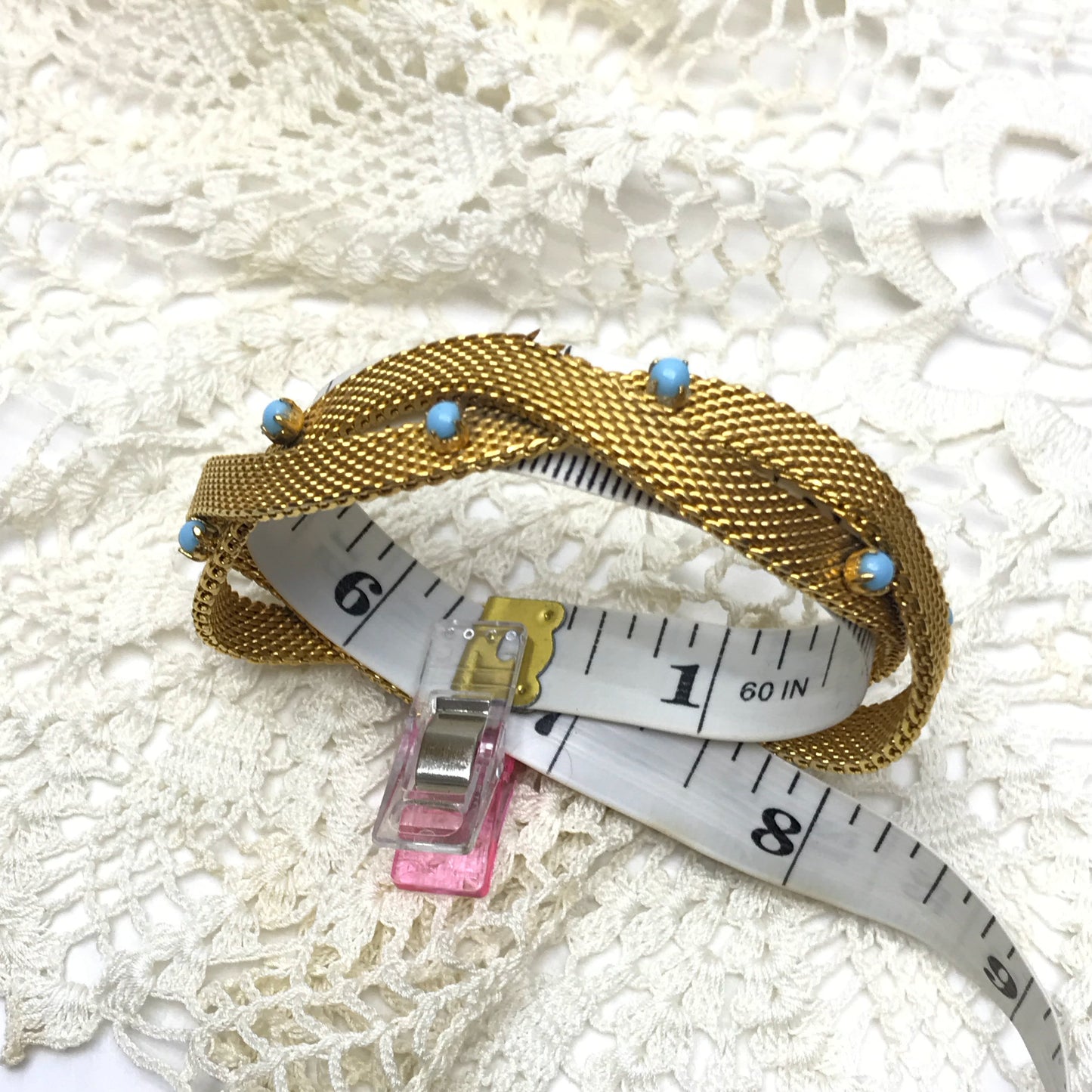 Gold Metal Mesh Bracelet with Turquoise Coloured Stones, Signed Radi Spain