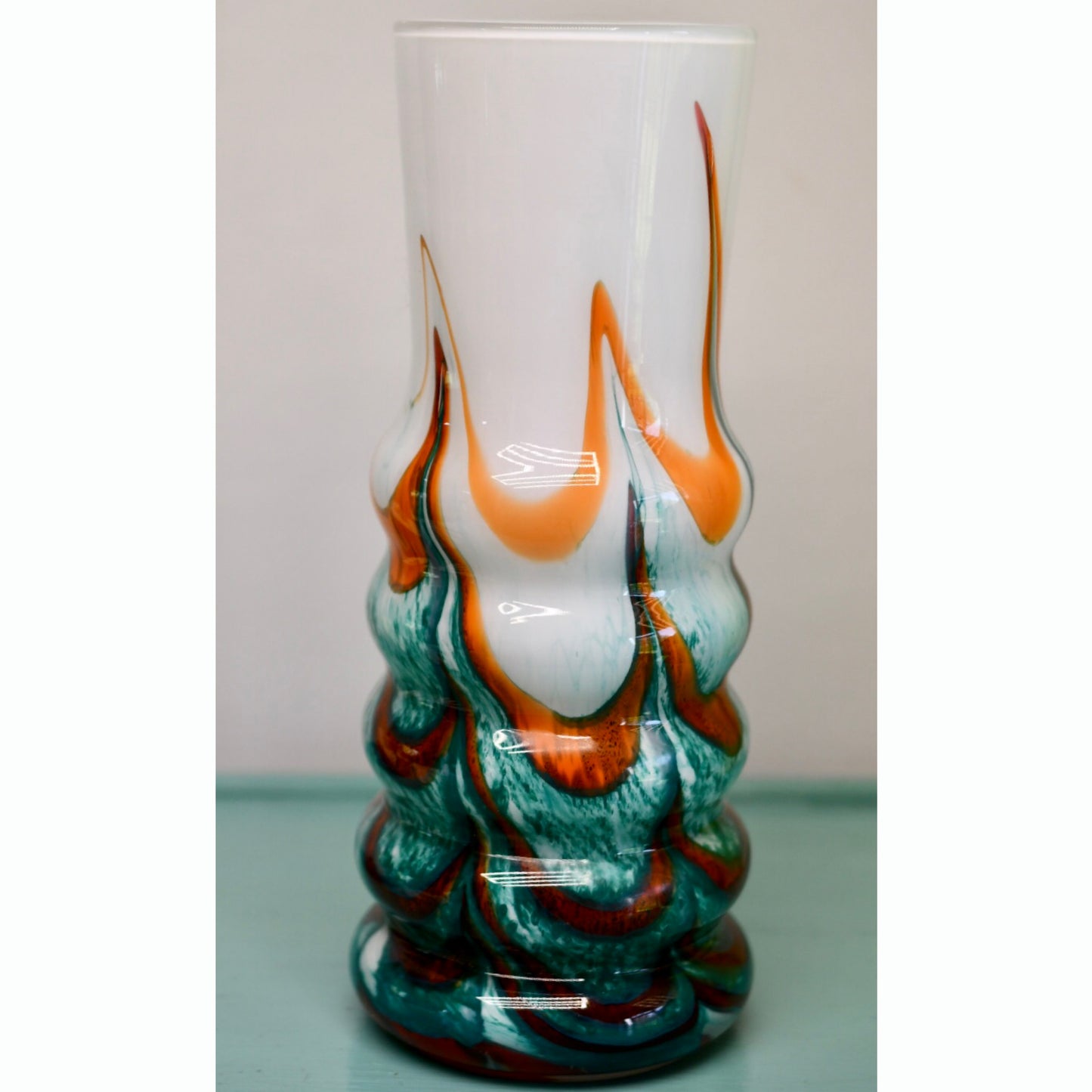 Hand Blown 9.5 inch Green and Orange Glass Vase