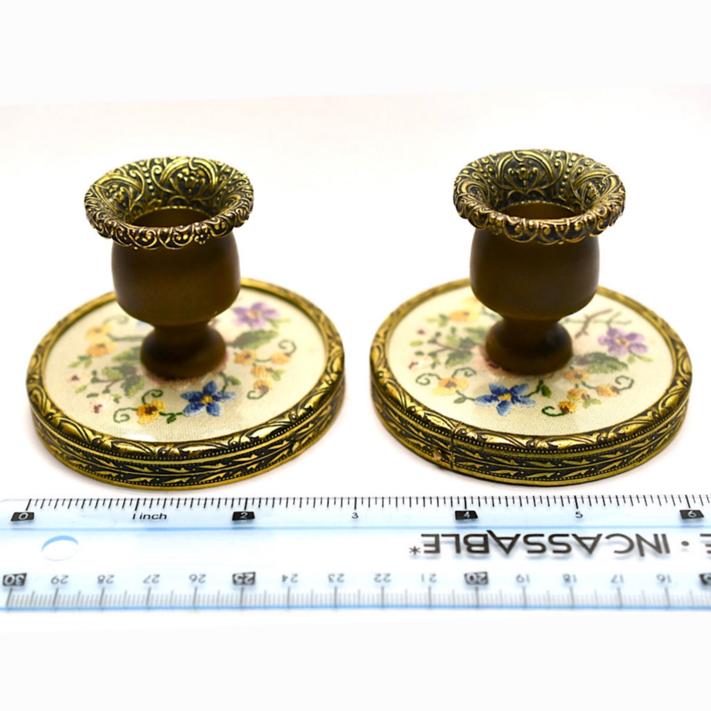 Petitpoint Candlesticks, Vintage Candle Sticks, Pair