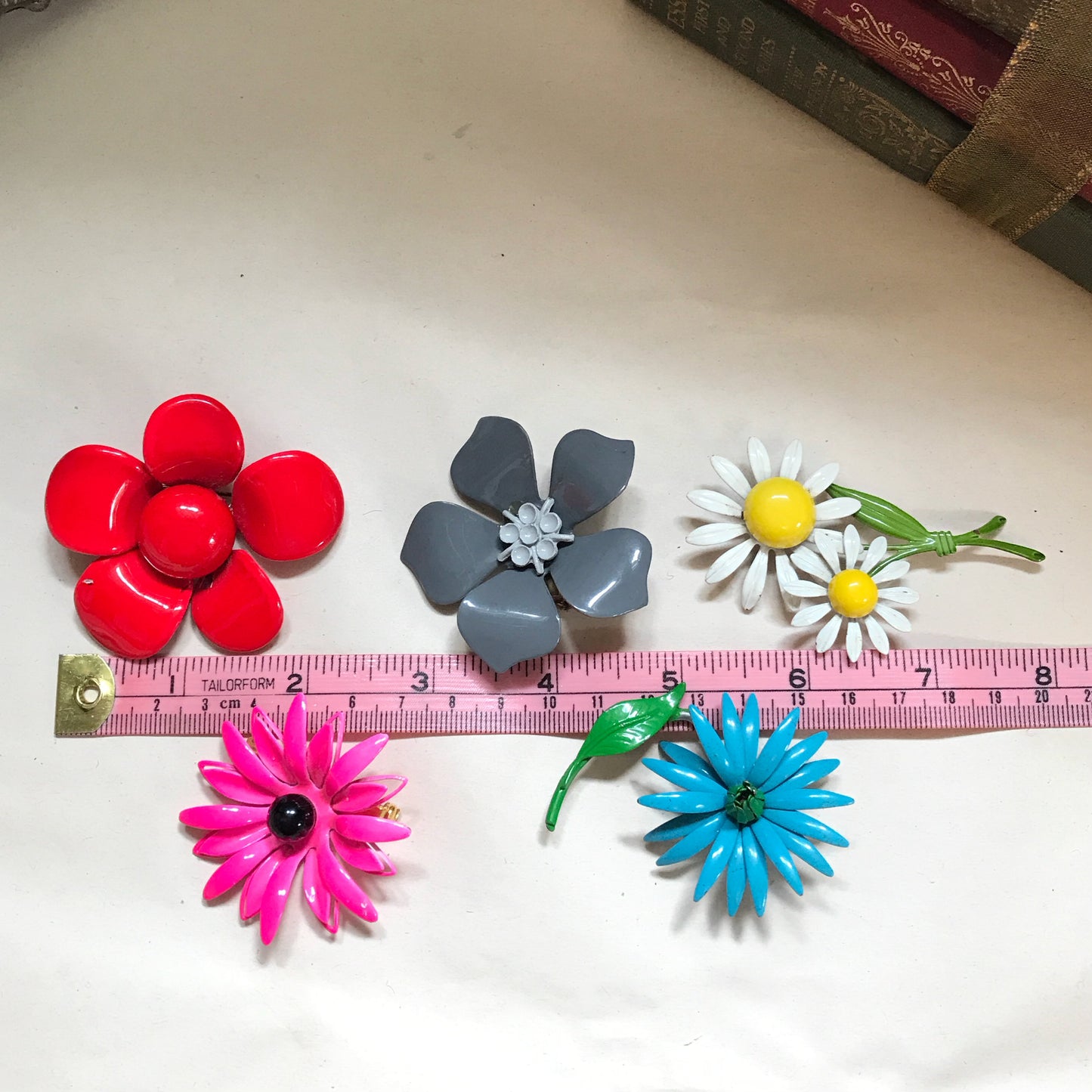 Lot of 5 Vintage Enamel Painted Floral Brooches