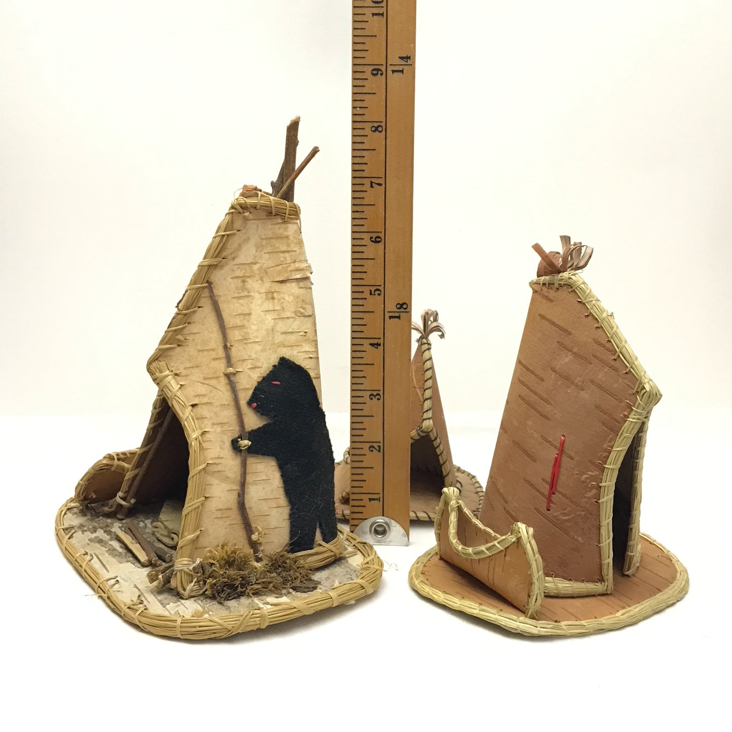 Trio of Birch Bark Campsite Dioramas, Handmade TiPi, Native Scene Sculptures