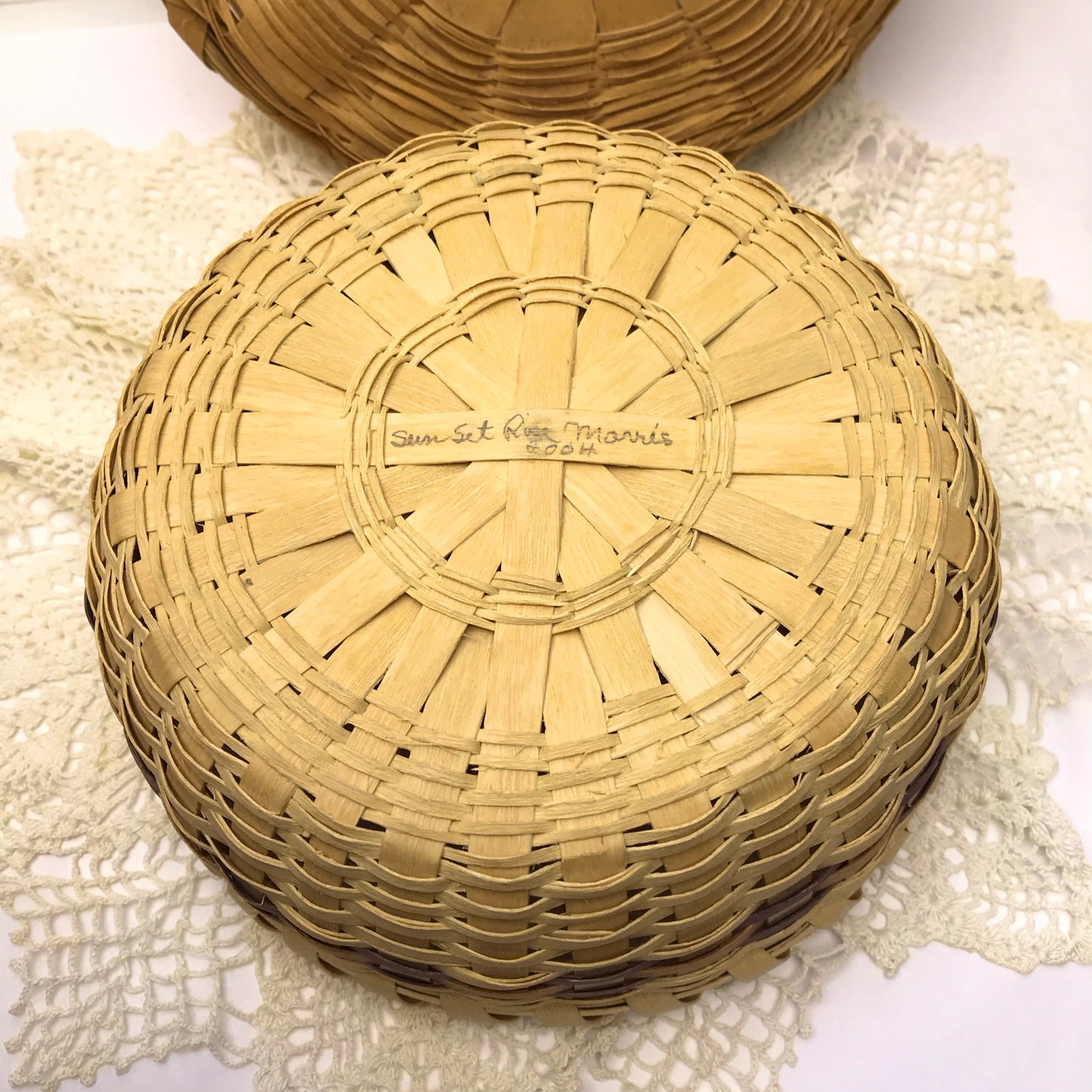 Native Sewing Basket, Mi’kmaq Lidded Basket, Hand Woven Round Basket, Signed and Dated