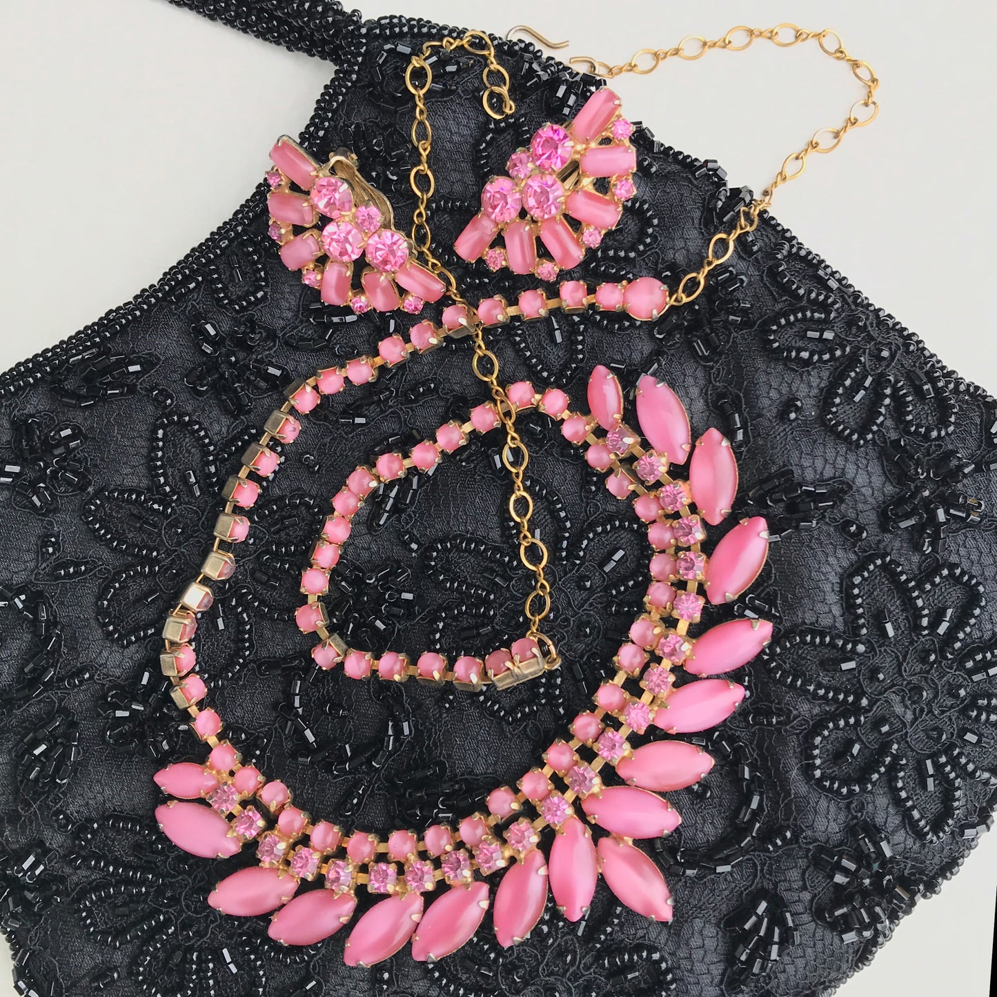 Warner Pink Opaque & Rhinestone Necklace with Clip On Earrings