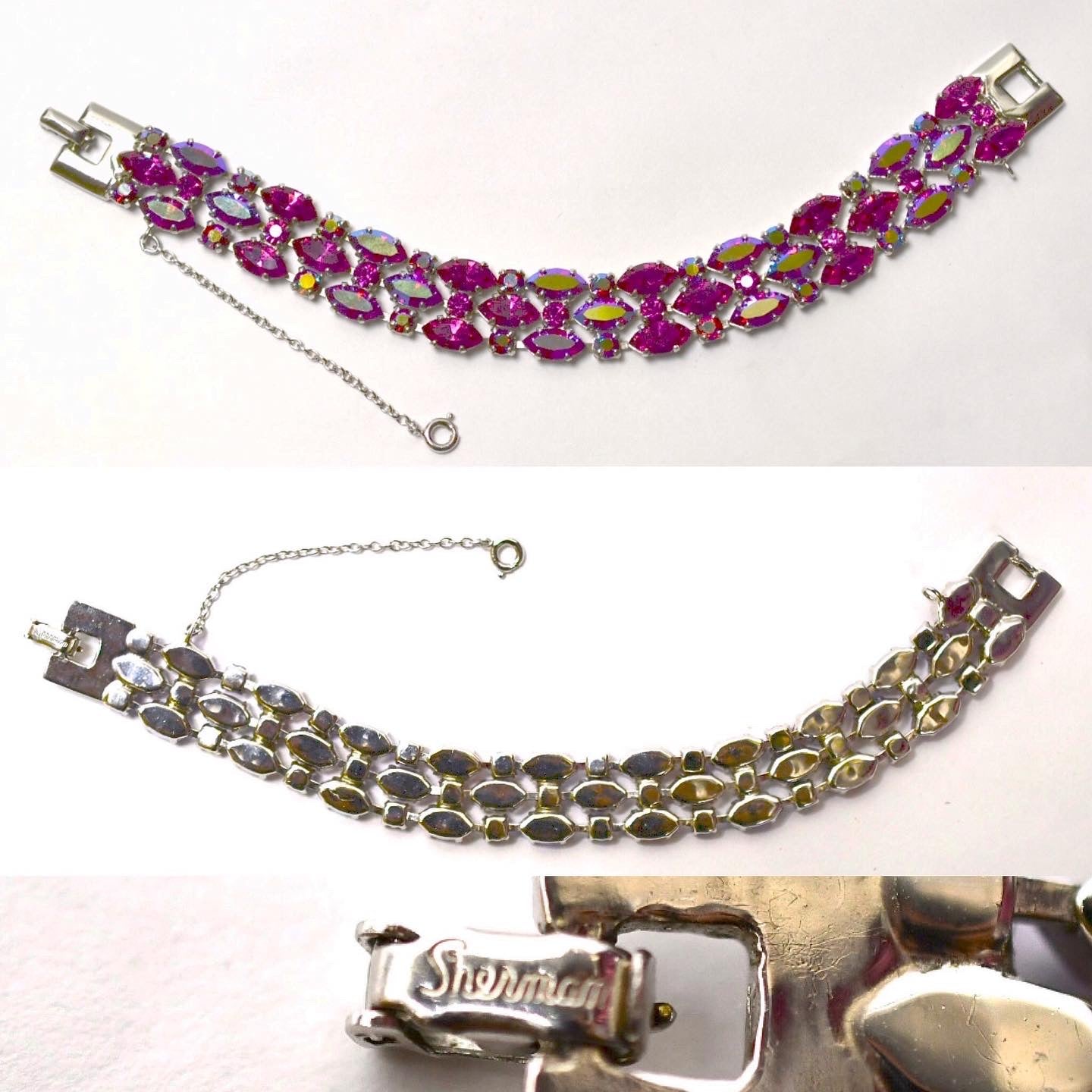 Sherman Fuchsia & Red Aurora Borealis Crystal Demi-Parure Set , Earrings, Necklace & Bracelet