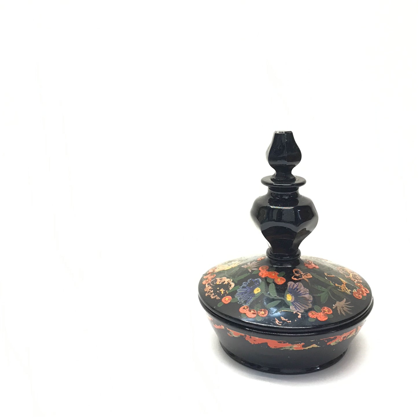 Black Glass Powder Box with Scent Bottle Lid, Vintage Perfume Bottle, Trinket Dish