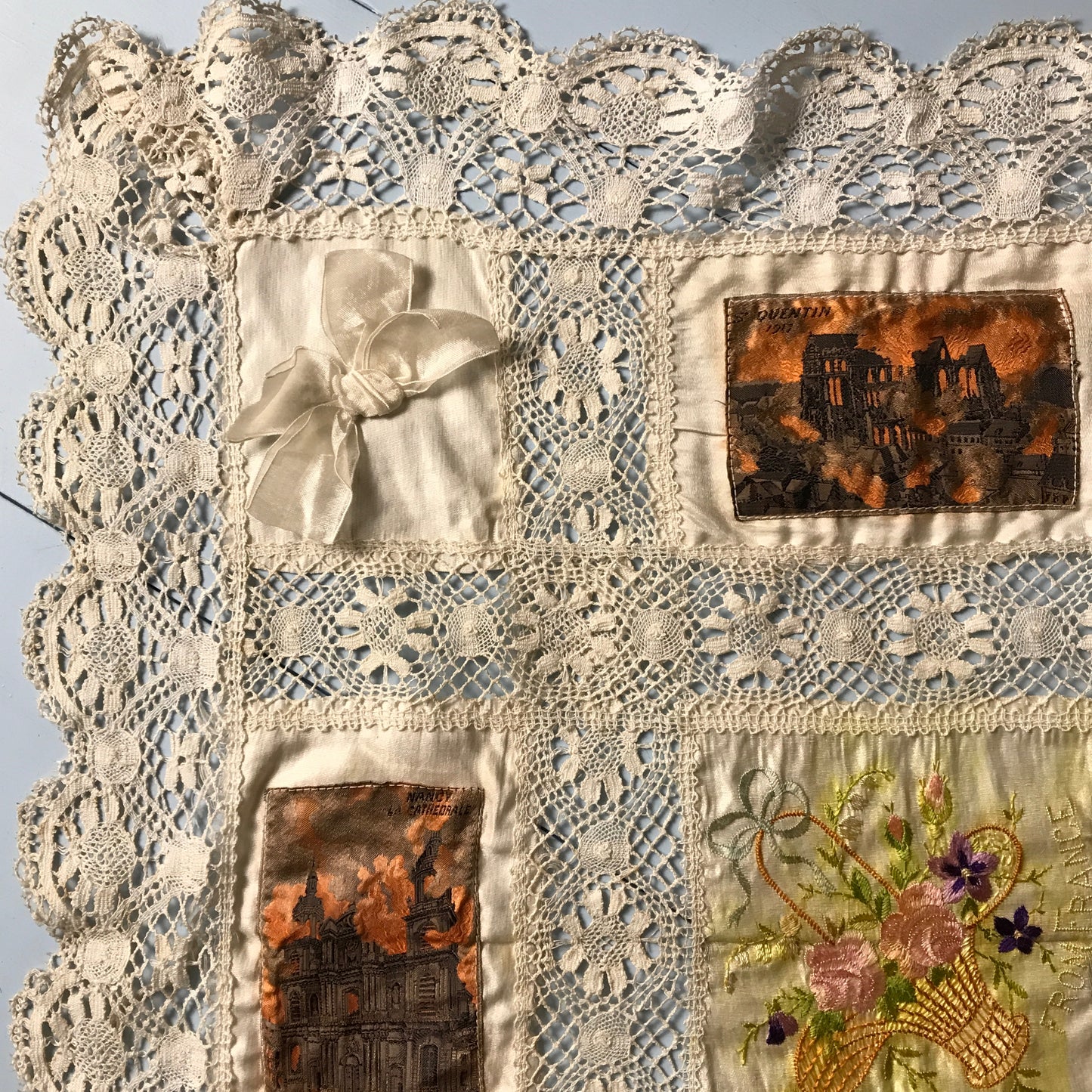 Antique Souvenir Postcard Silks Doily, circa 1917, French Lace Souvenir Handkerchief, AT FAULT