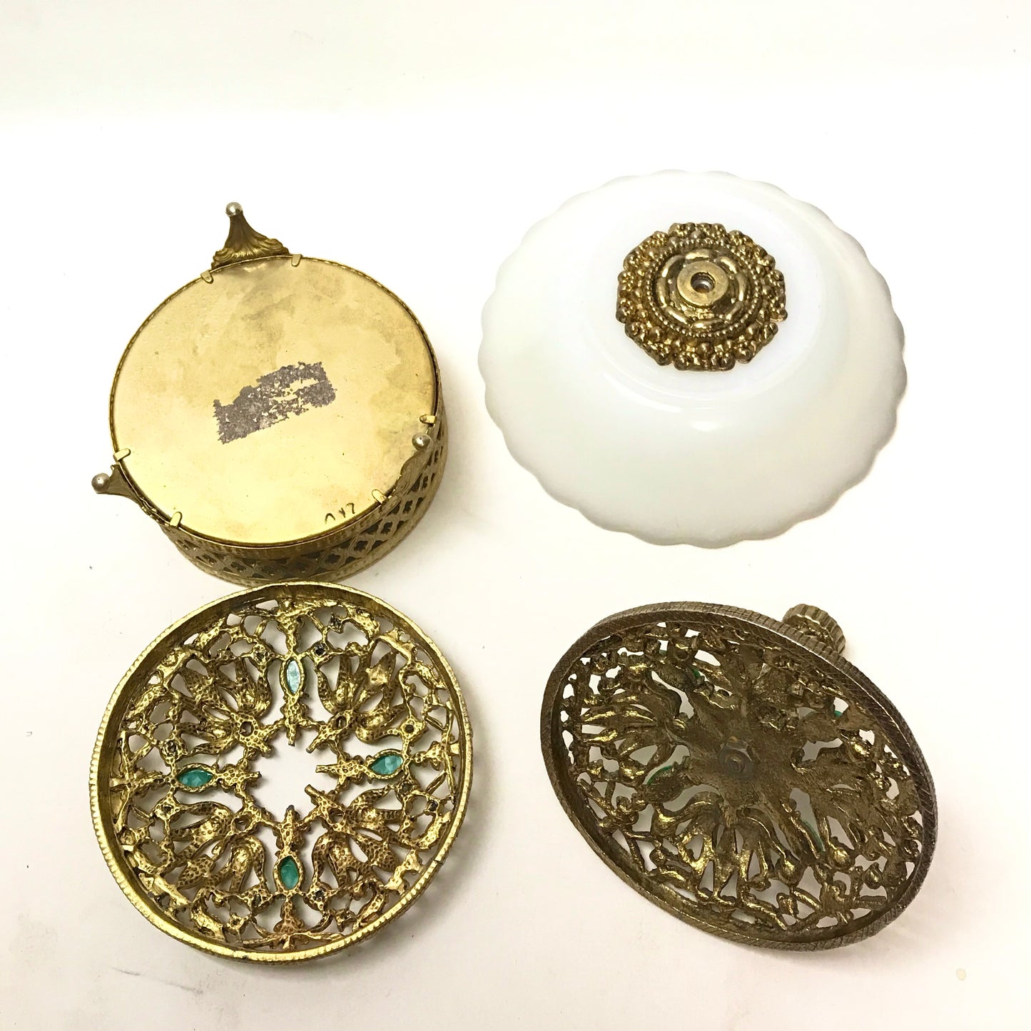 Vintage Openwork Filigree Jewellery Dresser Set, Footed Jewellery Box, Milk Glass Pedestal Dish