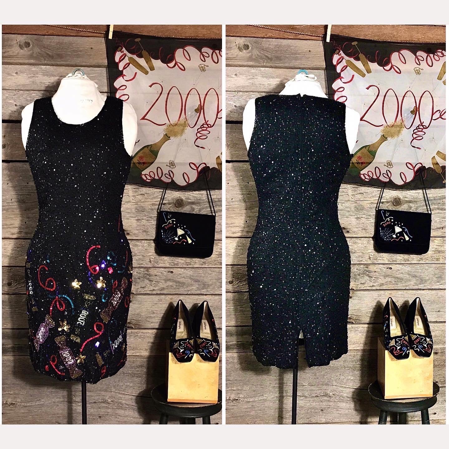 Sequinned Y2K Laurence Kazar Dress with Accessories, Celebrating Year 2000, Purse, Shoes, Scarf & Brooch