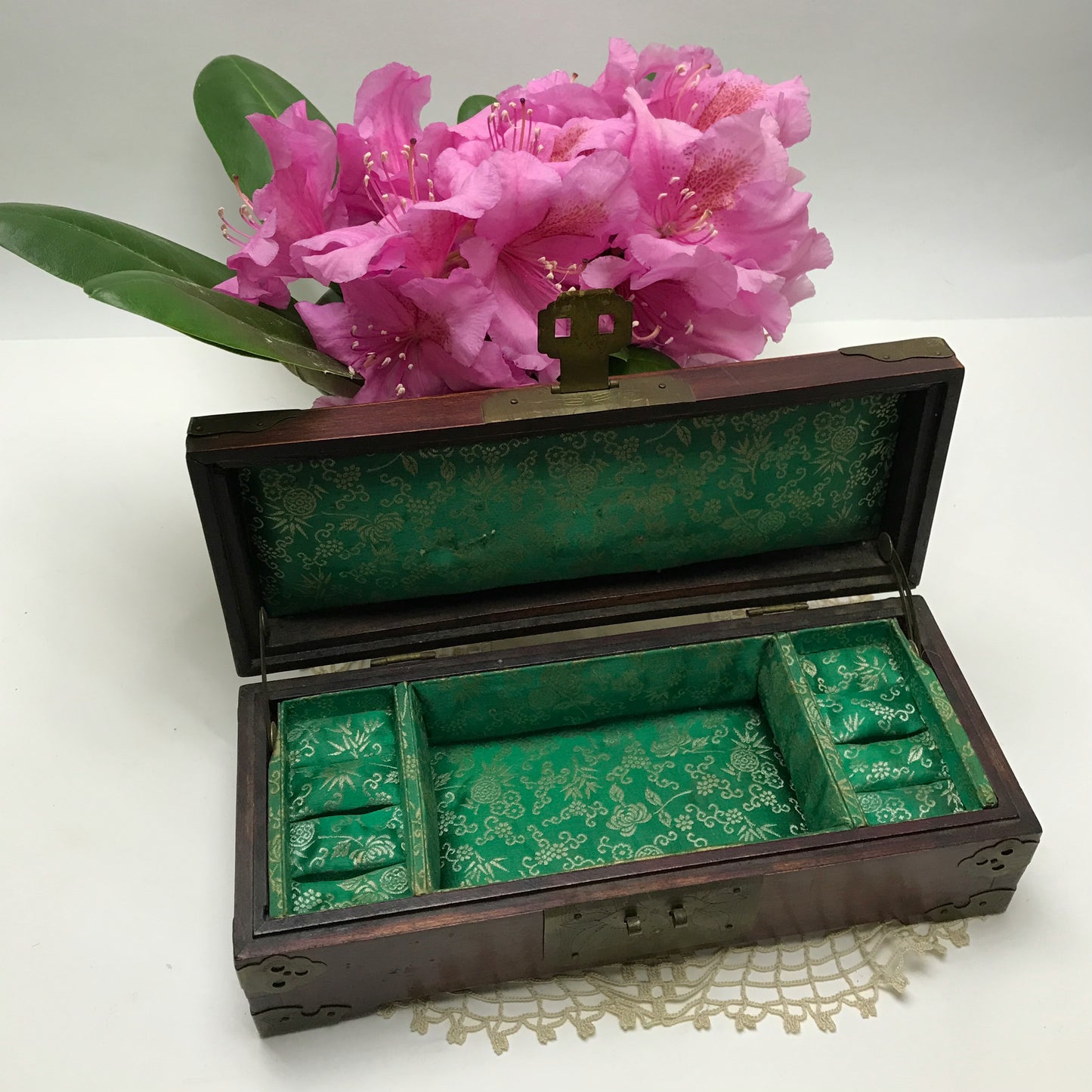 Chinese Jewellery Box with Brass & Jade Accents