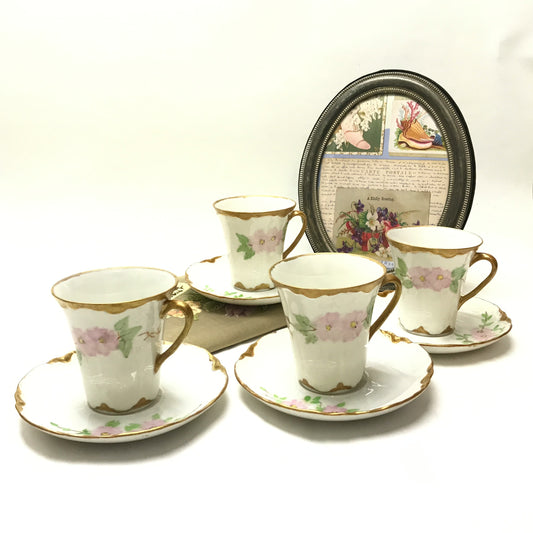 4 Hand Painted Demitasse Tea Cups & Saucers, Signed Do It Yourself Pieces, Dated 1987