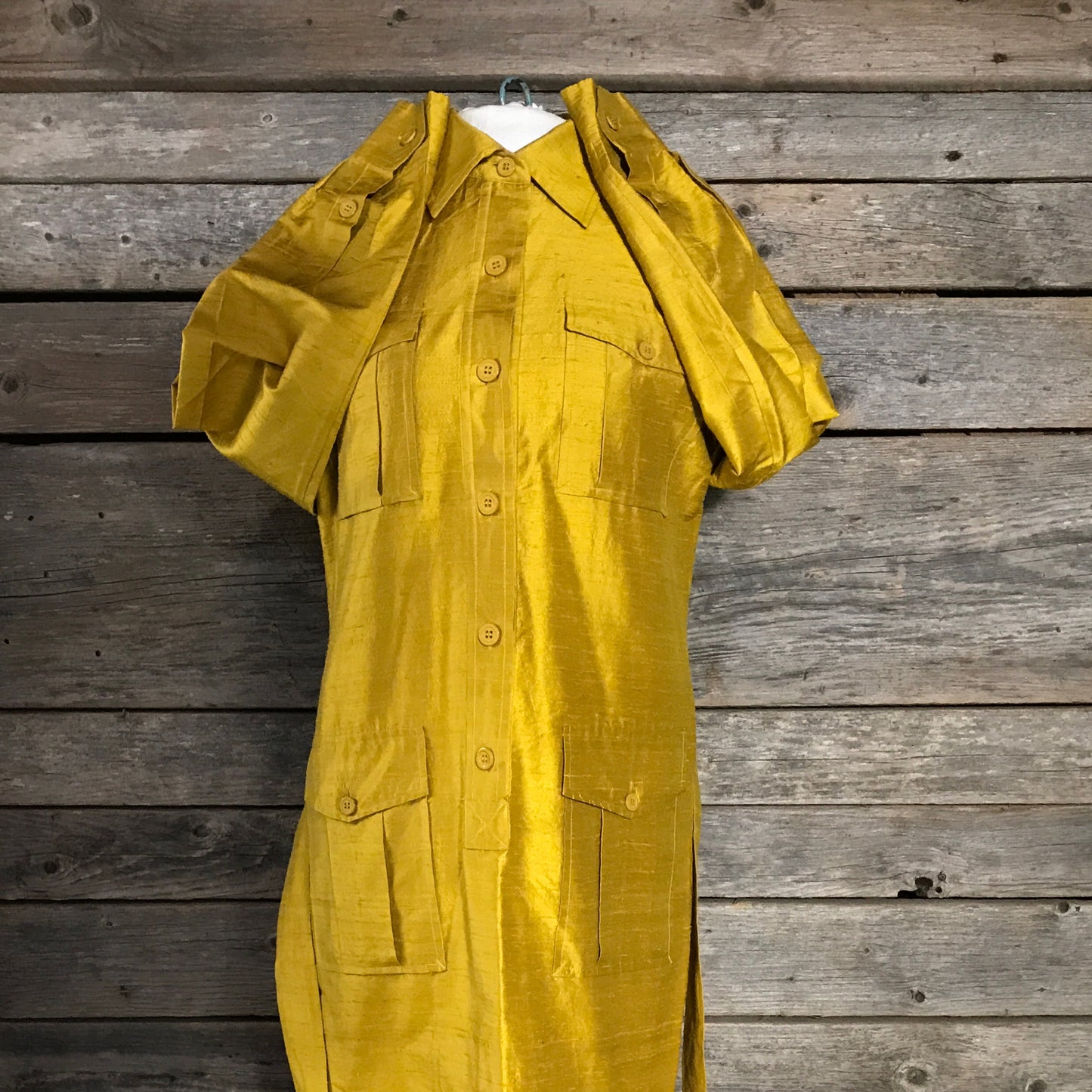 Isaac Mizrahi Gold Shirt Dress, 100% Silk, Tagged Size 8, c. 1990s, Retro Shirt Dress