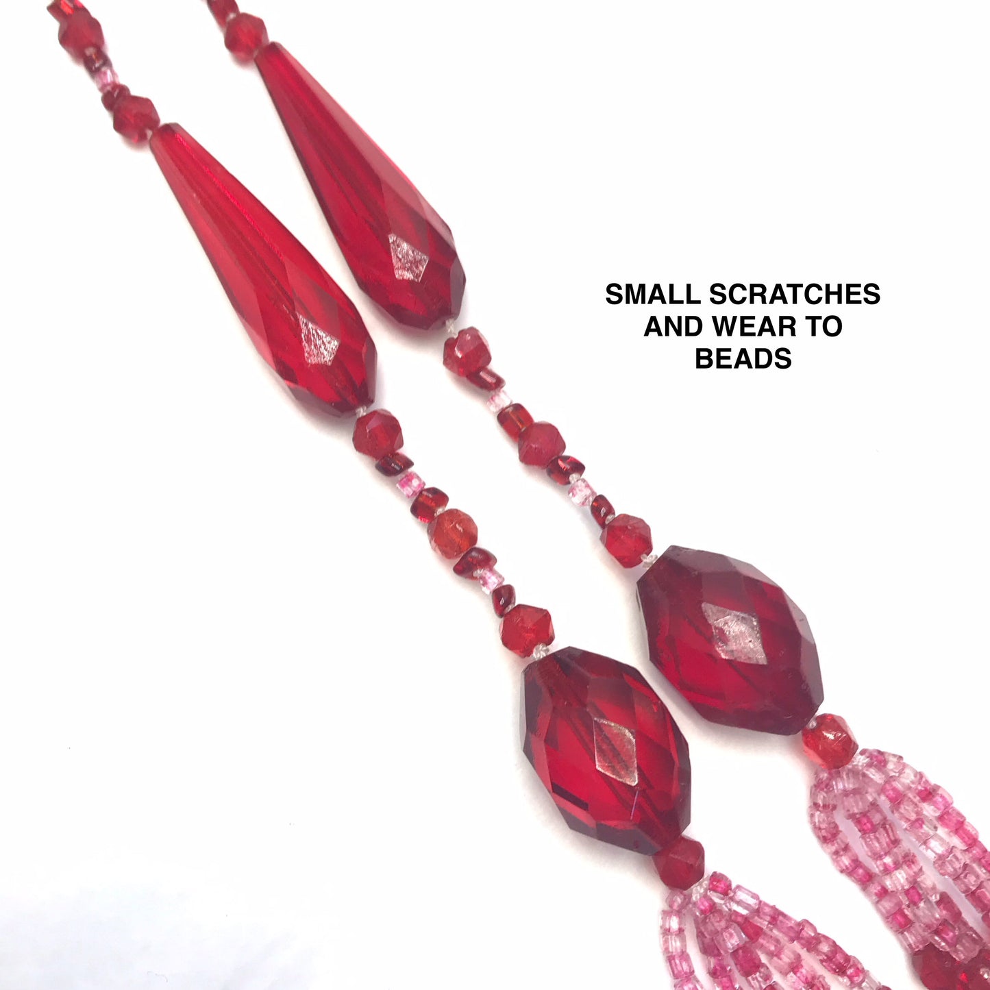 Vintage Red Glass Lariat Necklace 1920s Style Flapper Bead Strand with Tassels RESTRUNG