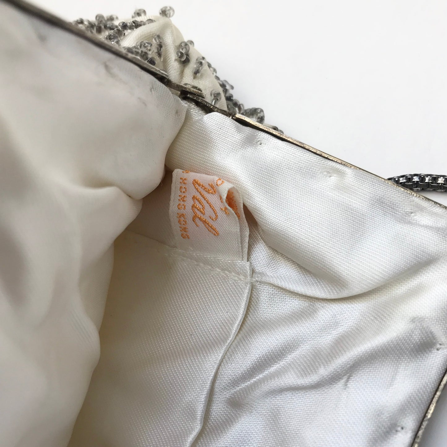 Vintage Beaded Purse with Geometric Design, Silver and Clear Beads, Silver Hardware, Evening Bag