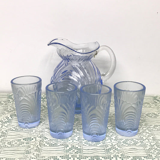 Miniature Periwinkle Blue Glass Pitcher and Glasses