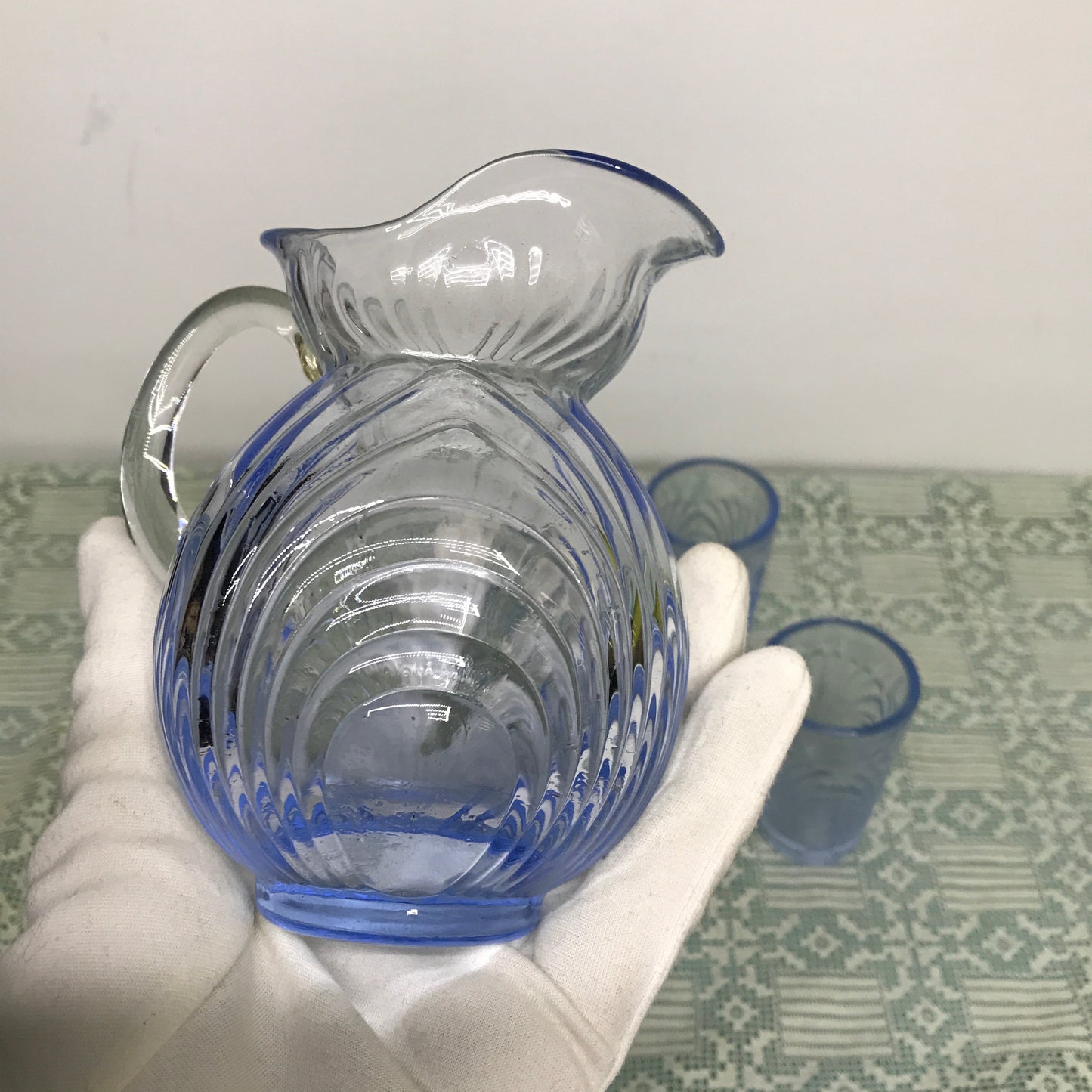 Miniature Periwinkle Blue Glass Pitcher and Glasses