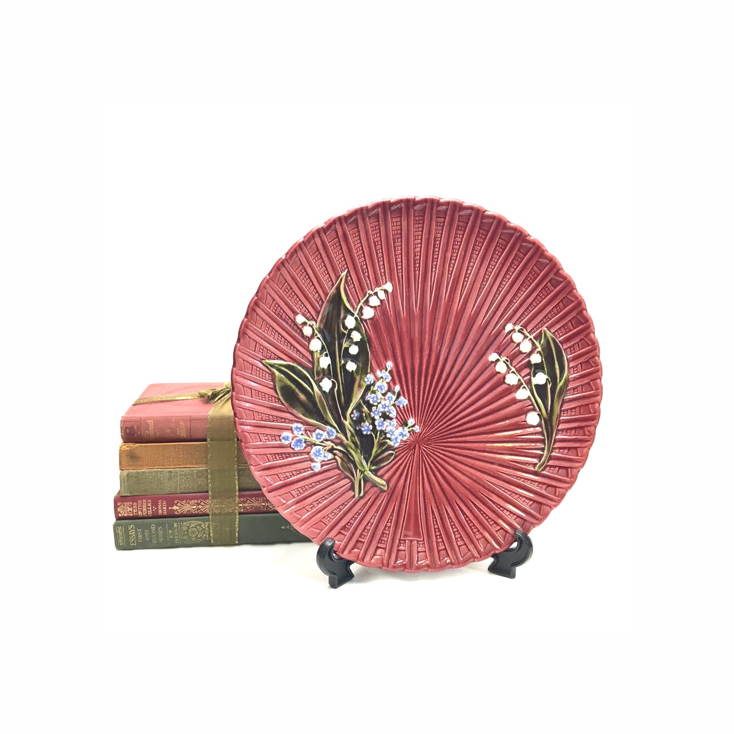 German Majolica Lily of the Valley Plate, Maroon, 11.5 inch Round Platter