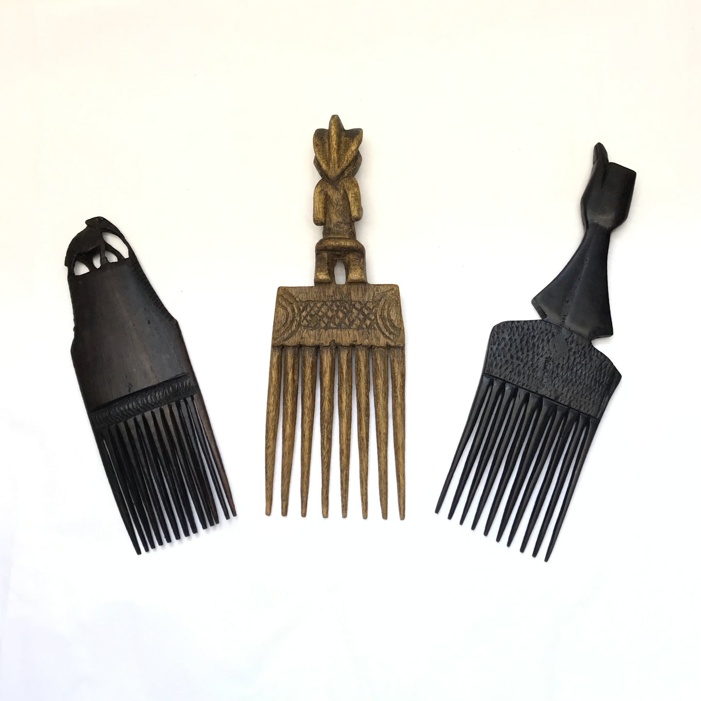 African Hand Carved Wood Hair Combs or Hair Picks Lot of 3