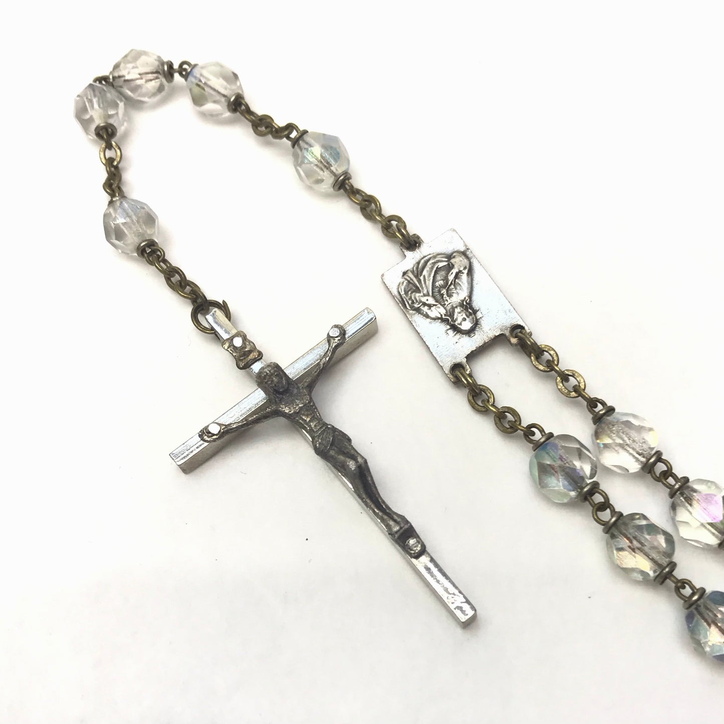 Vintage Iridescent Faceted Glass Rosary Beads on Brass Chain
