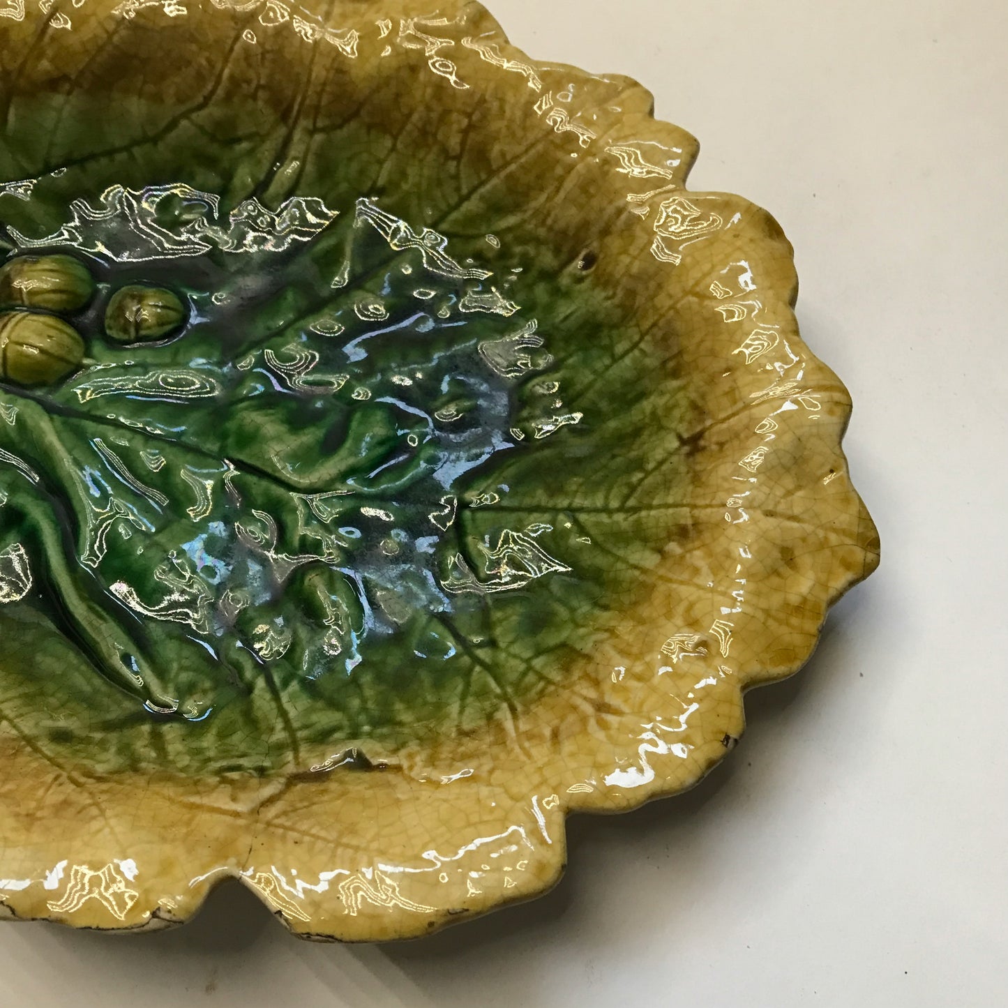 Oak Leaf Shaped Majolica Serving Platter, Griffin Smith & Hill Style, Antique Decorative Serving Dish, AGE RELATED FAULTS (SOLD)